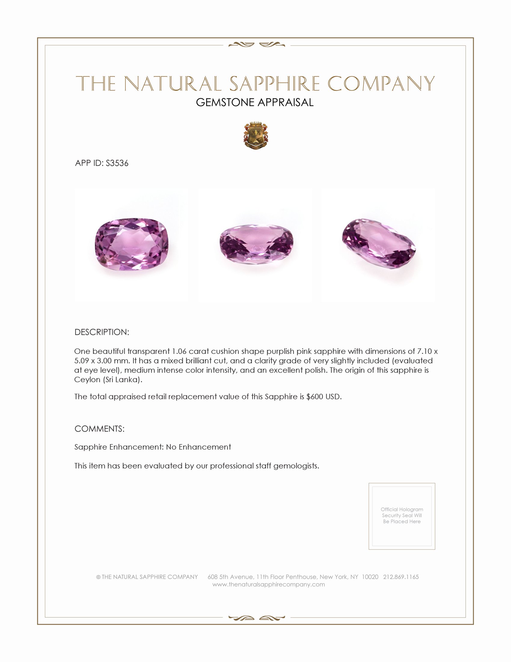1.06 Ct. Purplish Pink Sapphire from Ceylon (Sri Lanka)