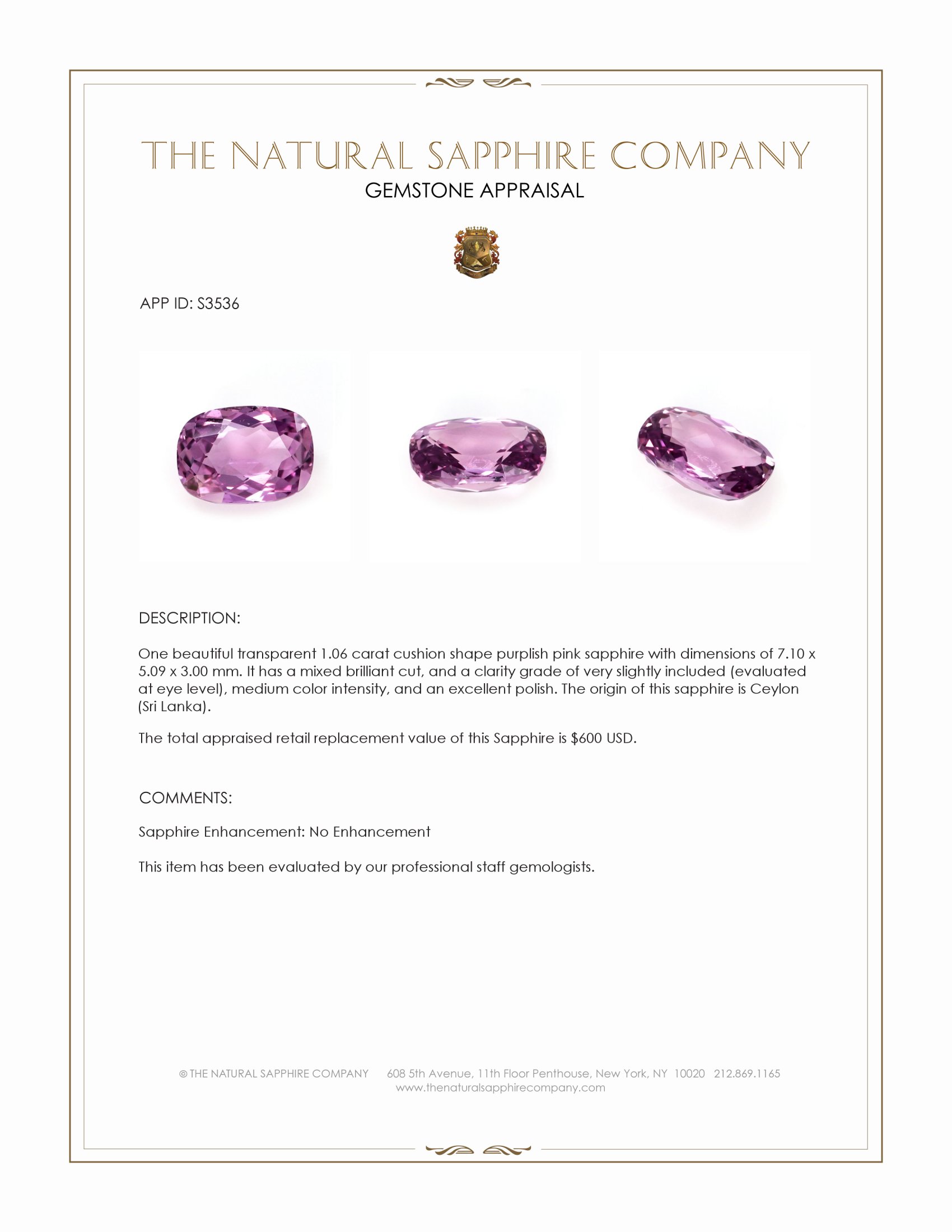 1.06 Ct. Purplish Pink Sapphire from Ceylon (Sri Lanka)