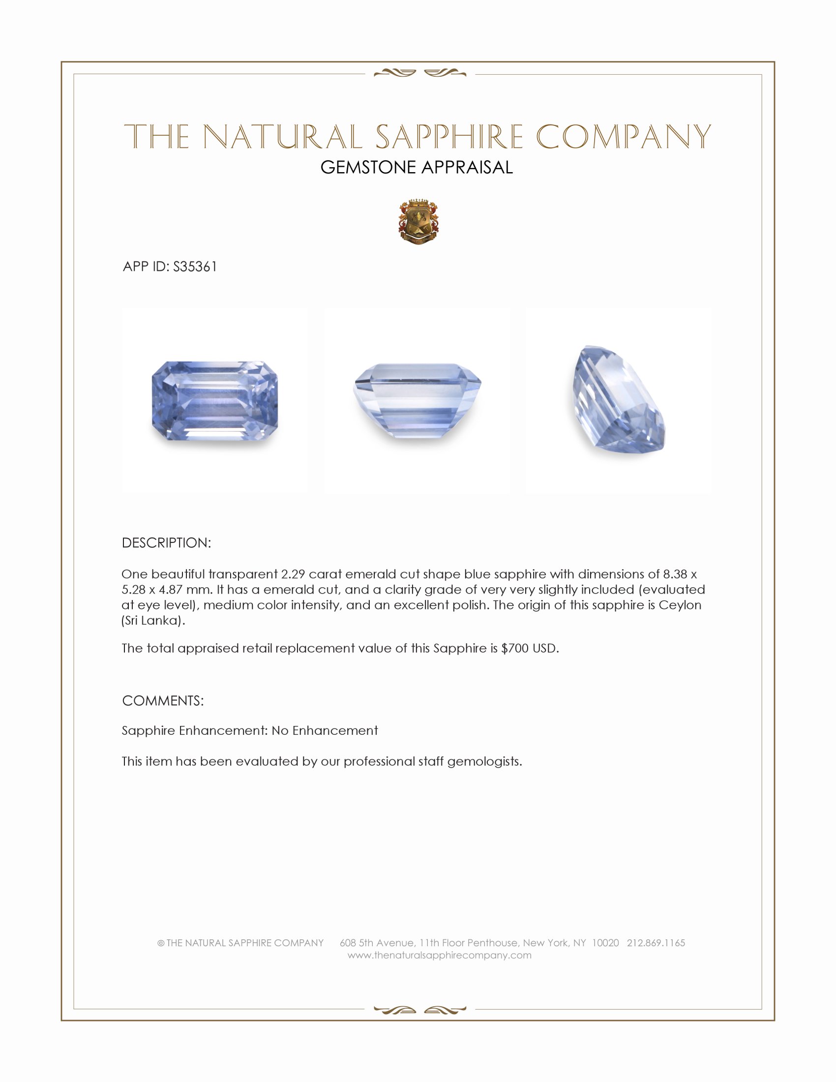 2.29 Ct. Blue Sapphire from Ceylon (Sri Lanka)