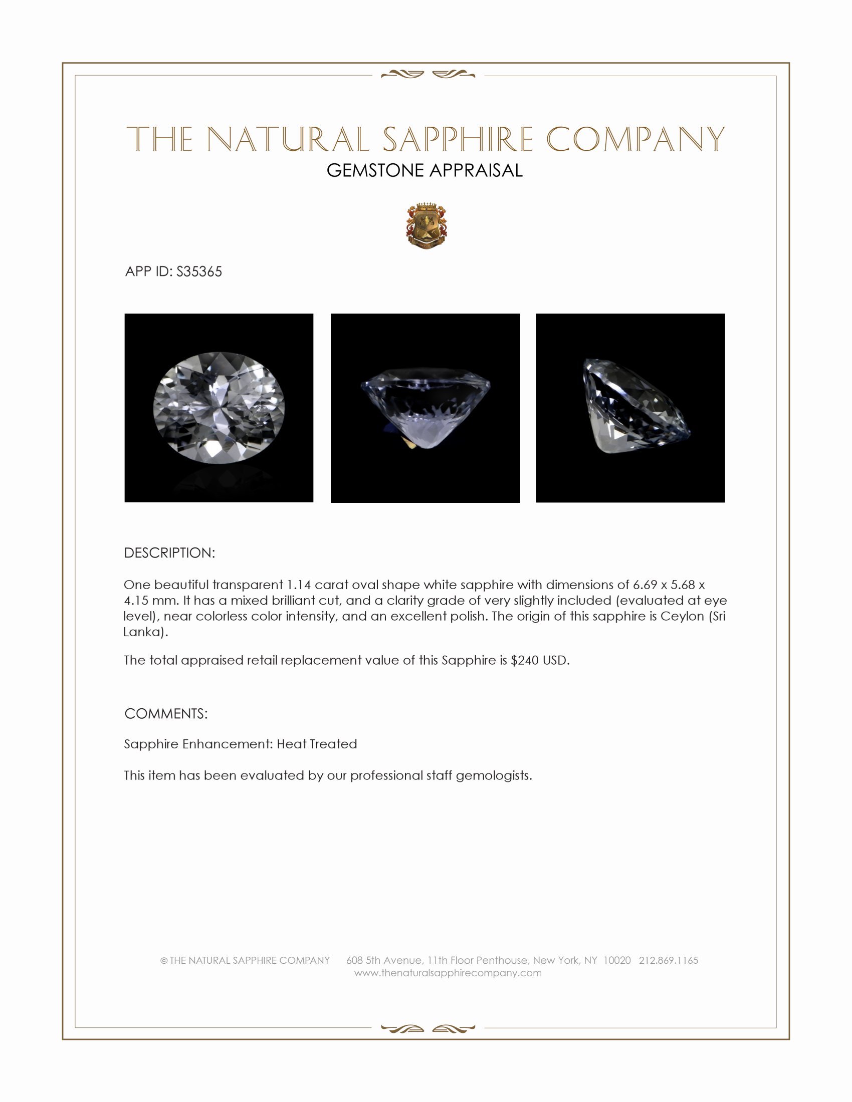 1.14 Ct. White Sapphire from Ceylon (Sri Lanka)