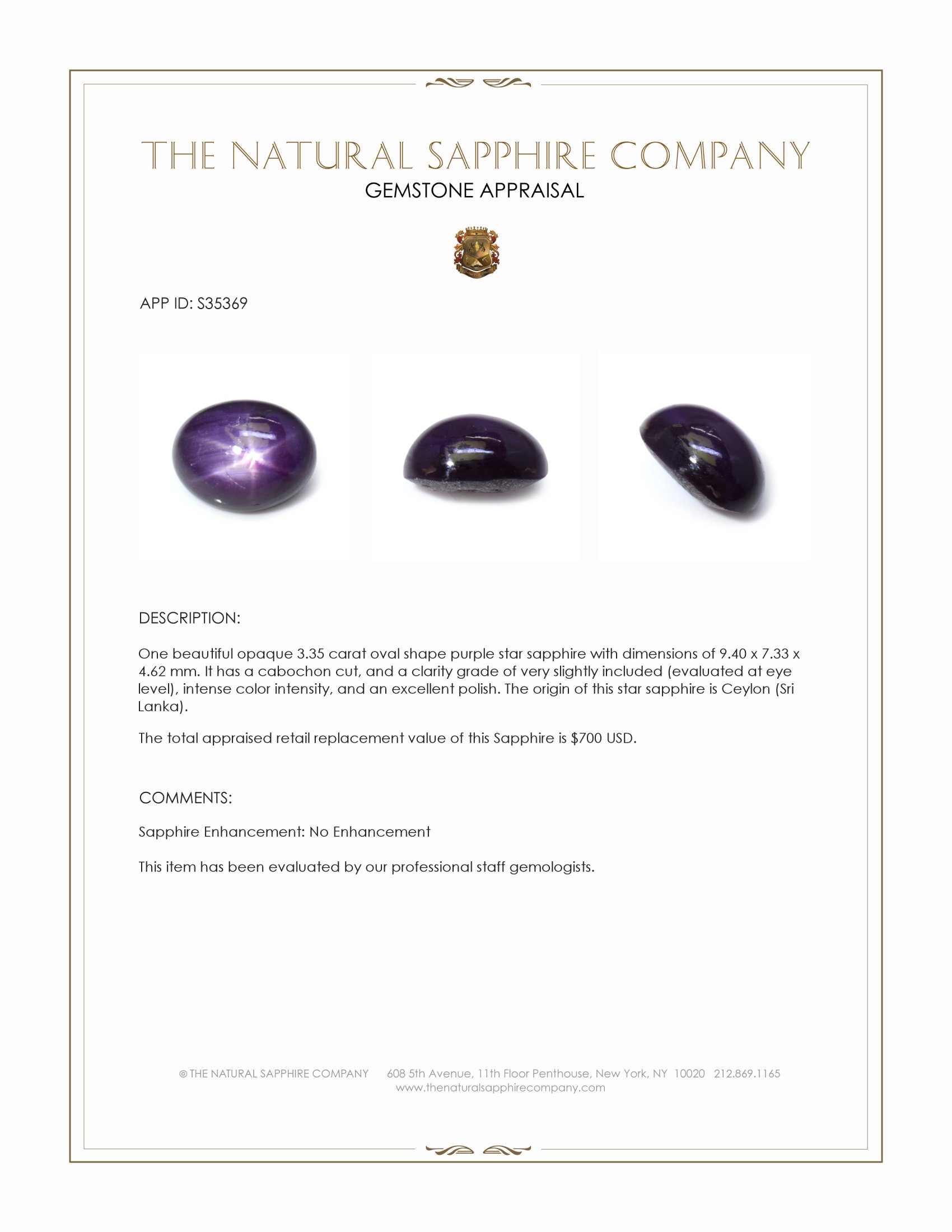 3.35 Ct. Purple Star Sapphire from Ceylon (Sri Lanka)