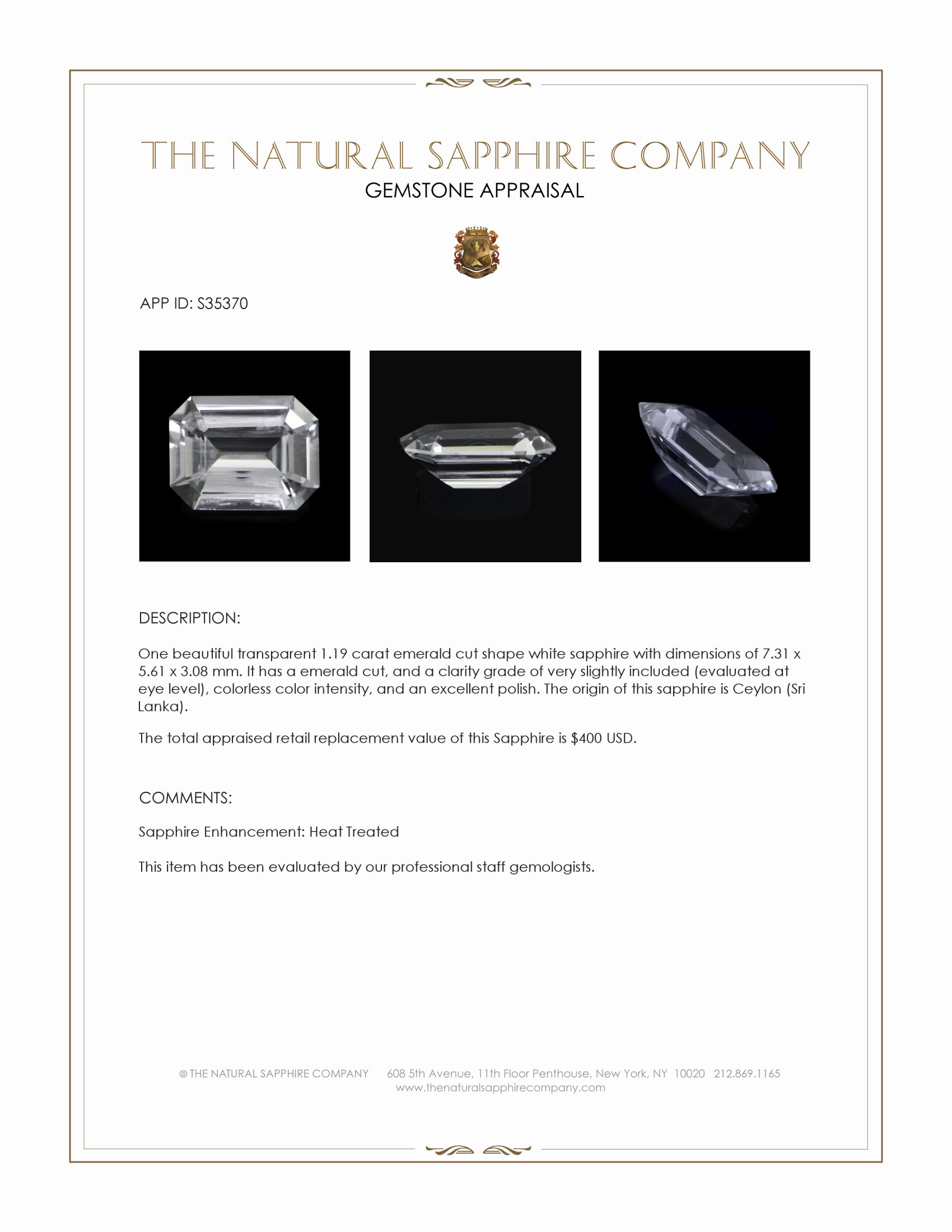 1.19 Ct. White Sapphire from Ceylon (Sri Lanka)