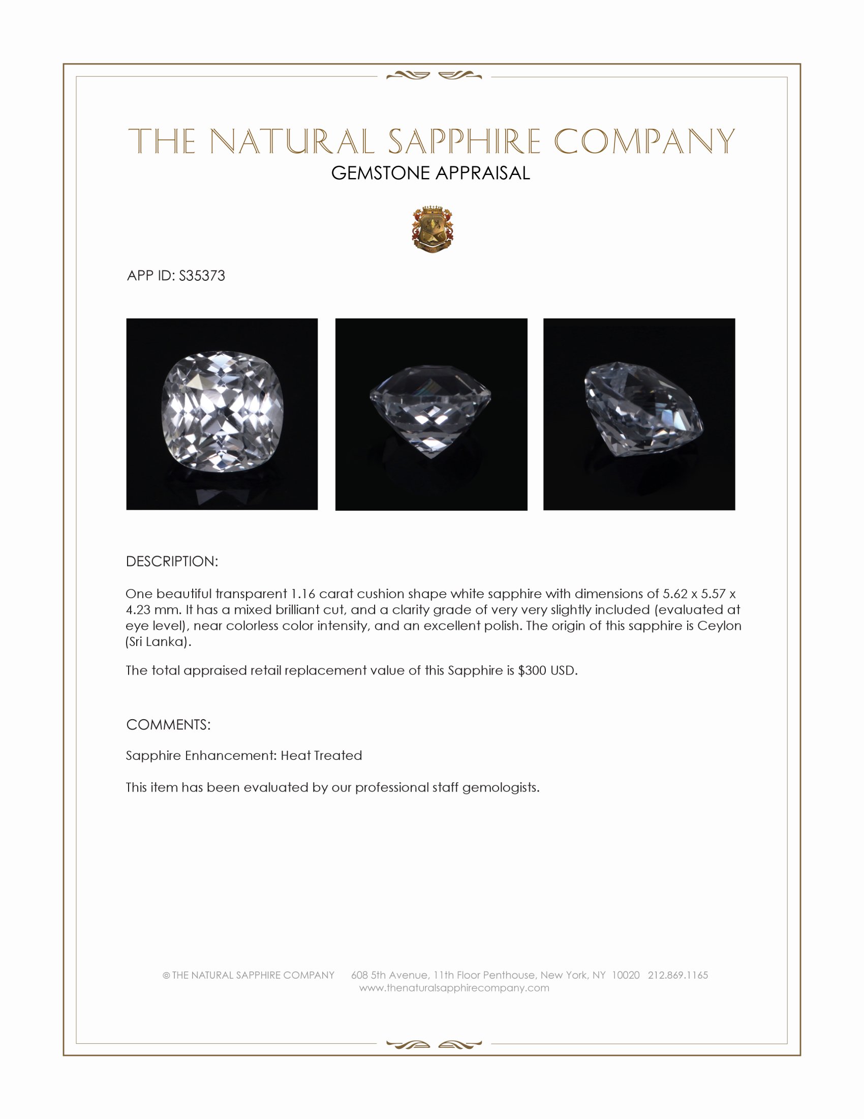 1.16 Ct. White Sapphire from Ceylon (Sri Lanka)