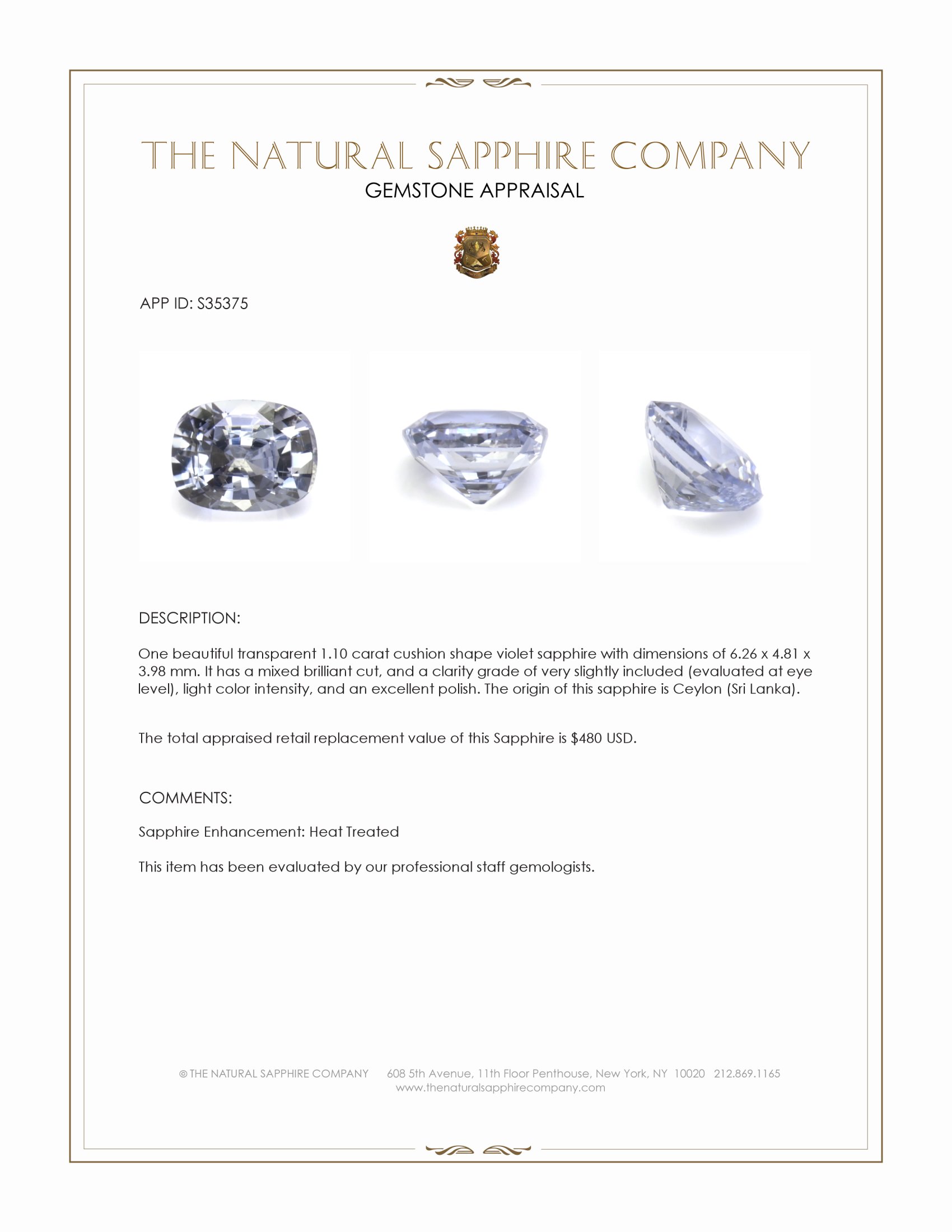 1.10 Ct. Violet Sapphire from Ceylon (Sri Lanka)