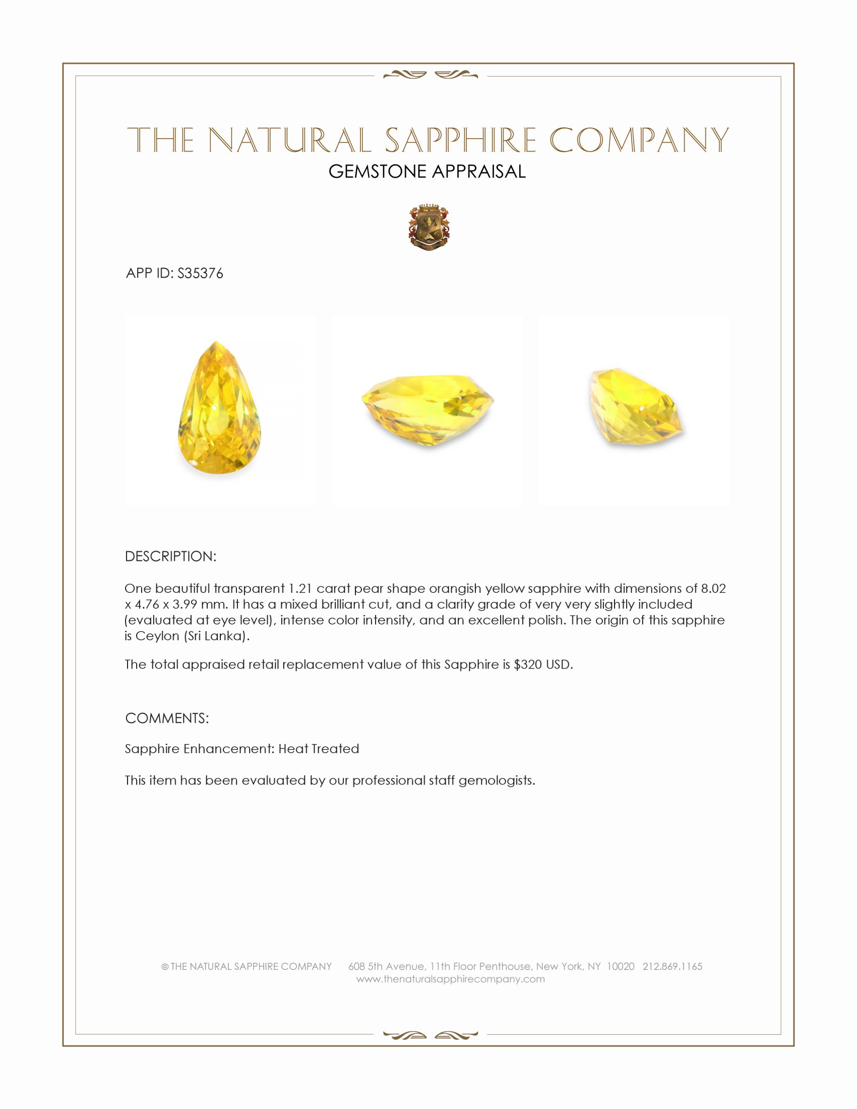 1.21 Ct. Orangish Yellow Sapphire from Ceylon (Sri Lanka)