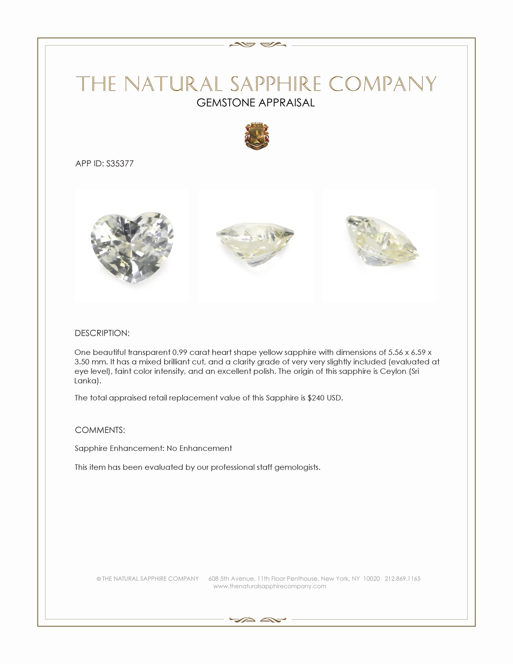 0.99 Ct. Yellow Sapphire from Ceylon (Sri Lanka)