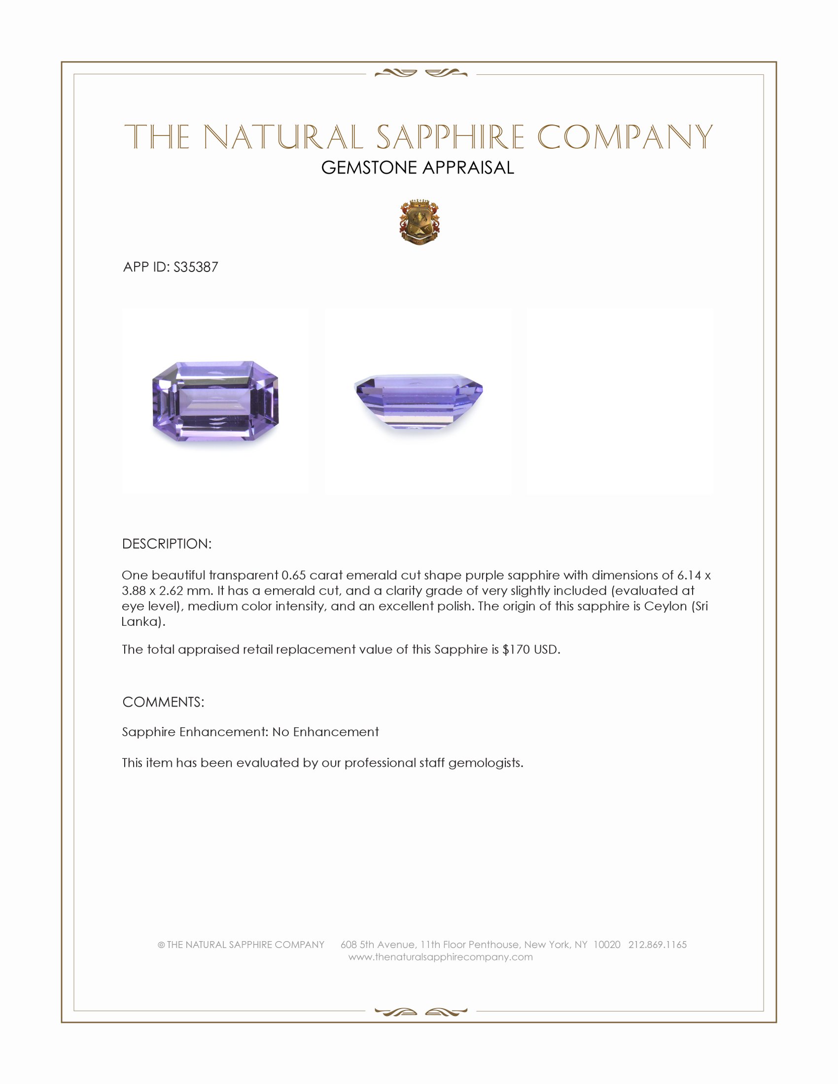 0.65 Ct. Purple Sapphire from Ceylon (Sri Lanka)