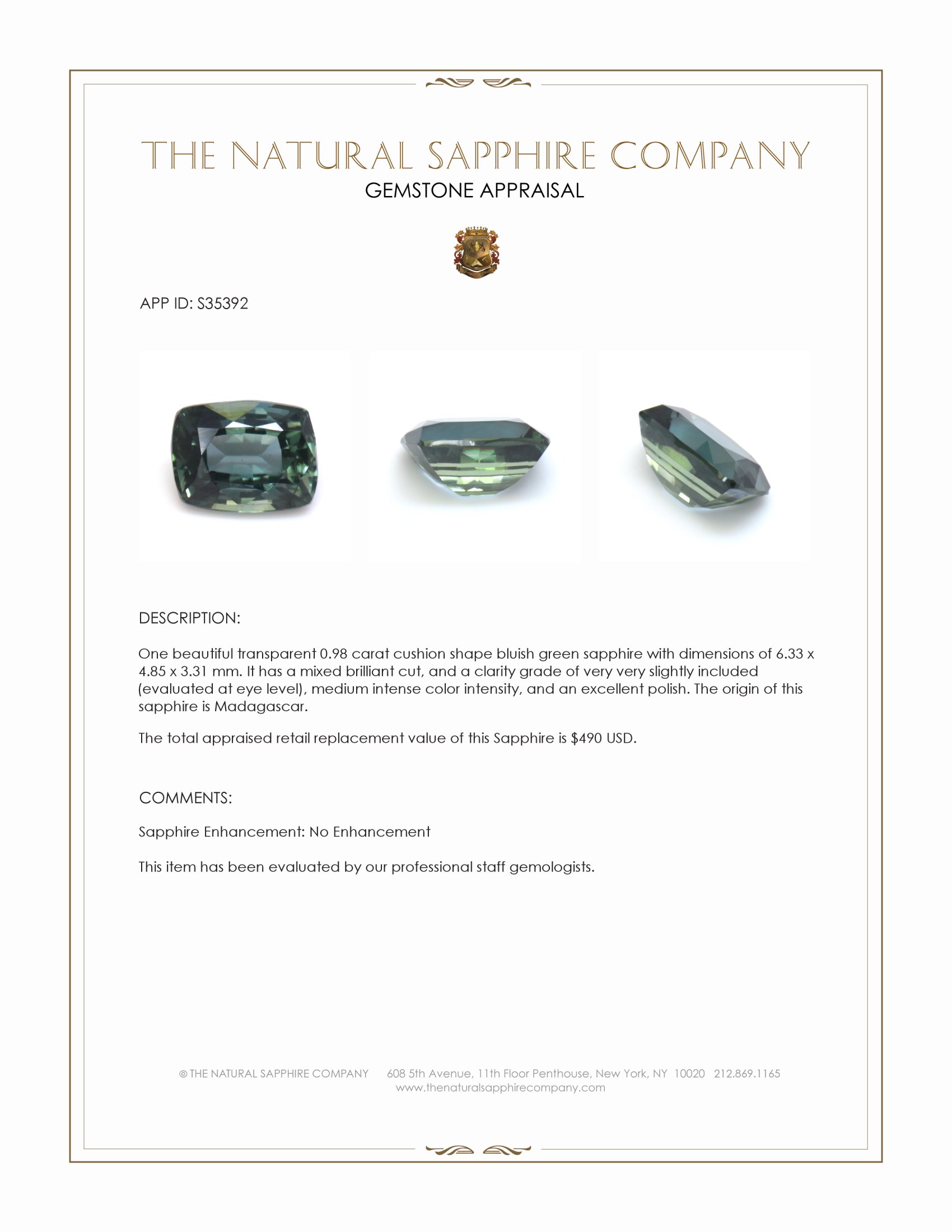 0.98 Ct. Bluish Green Sapphire from Madagascar