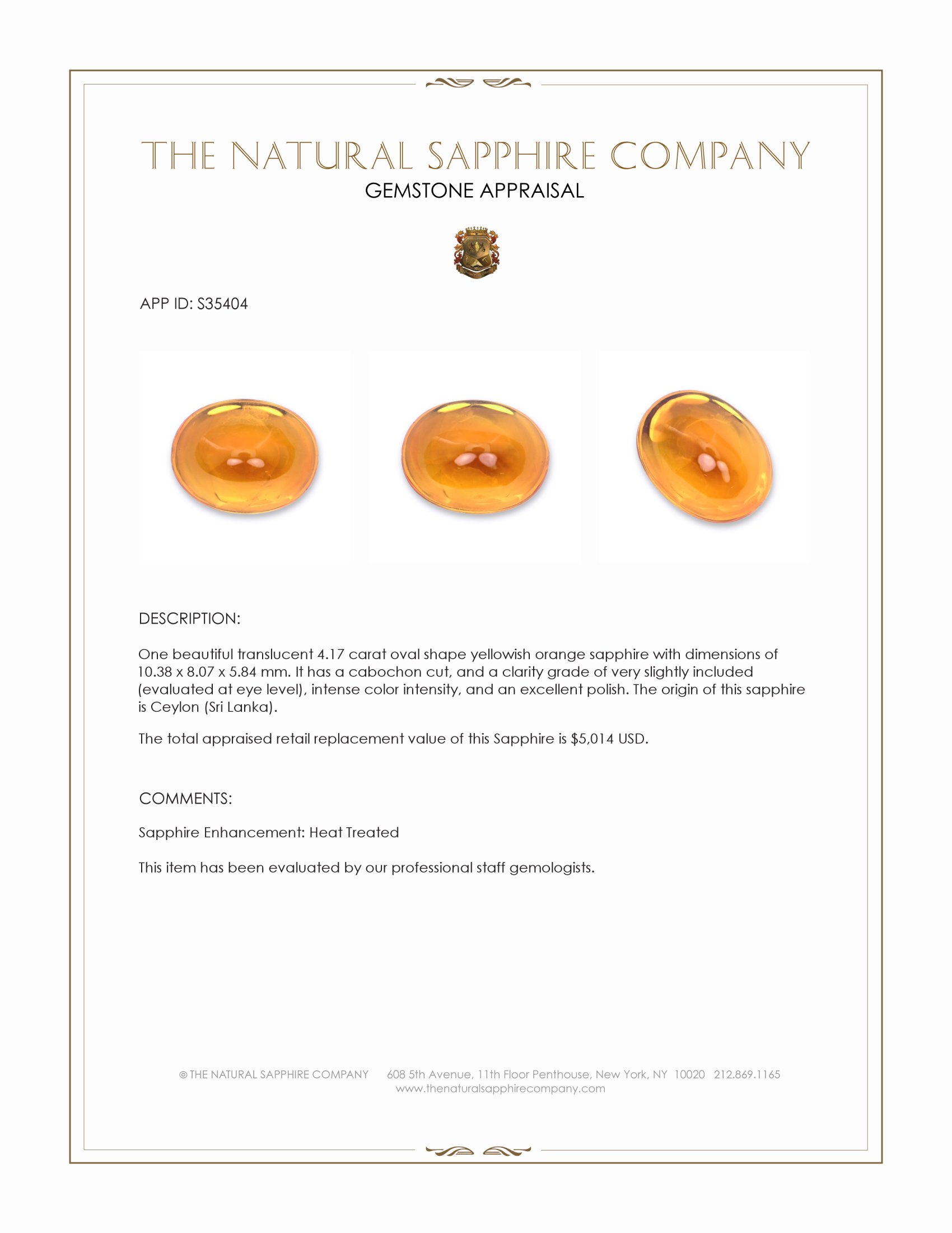 4.17 Ct. Yellowish Orange Cabochon Sapphire from Ceylon (Sri Lanka)