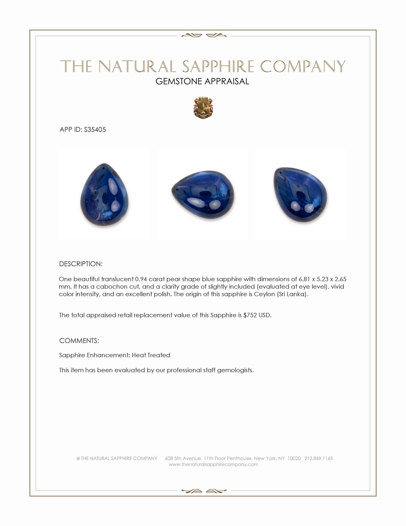 0.94 Ct. Blue Cabochon Sapphire from Ceylon (Sri Lanka)