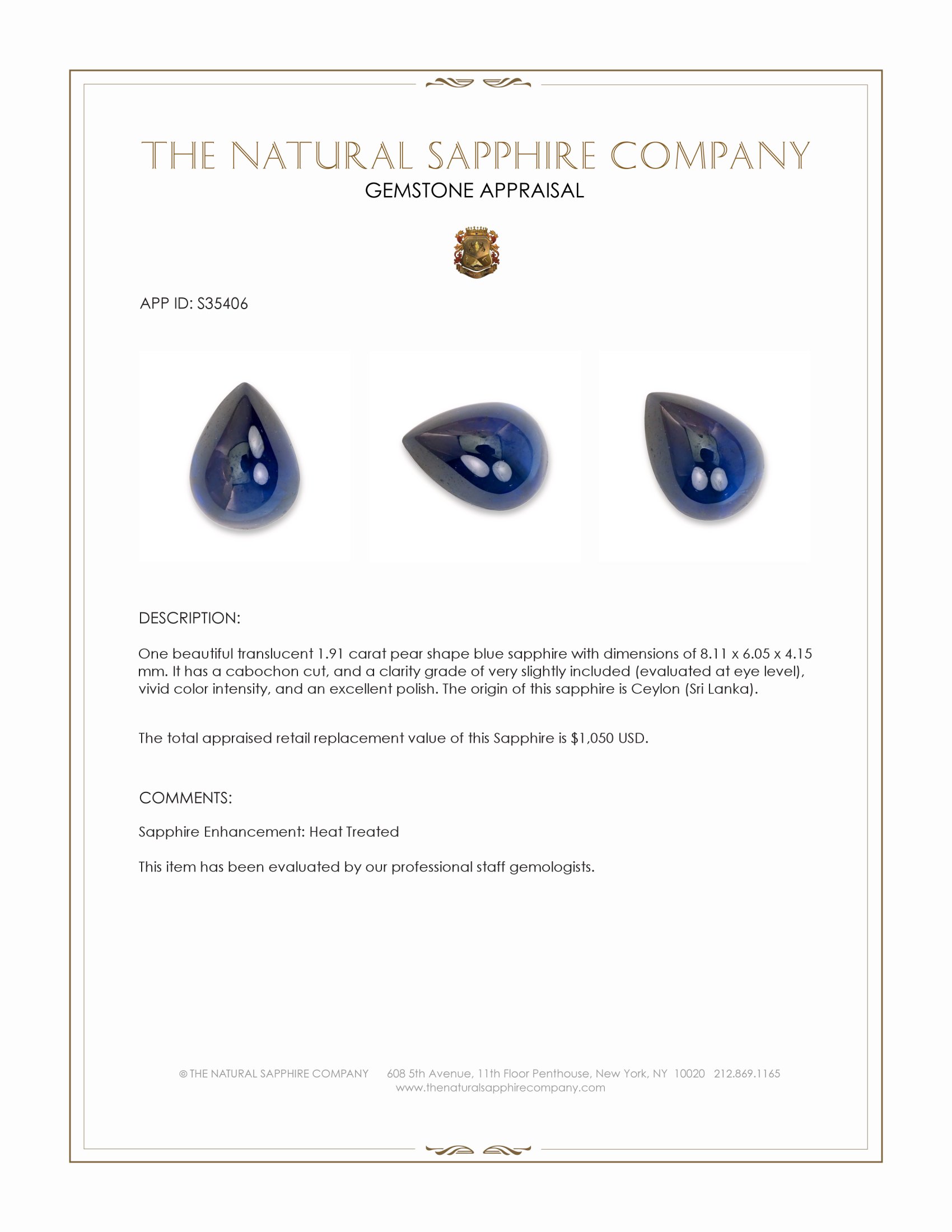 1.91 Ct. Blue Cabochon Sapphire from Ceylon (Sri Lanka)