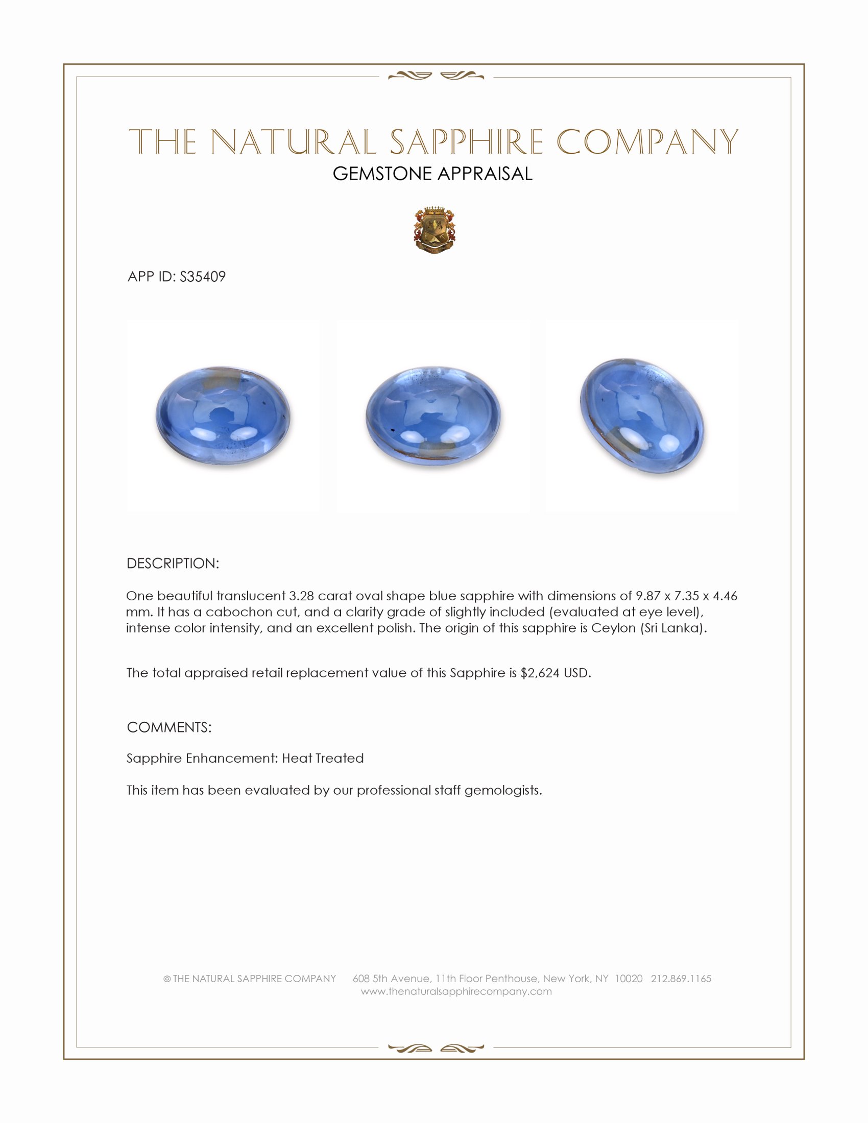 3.28 Ct. Blue Cabochon Sapphire from Ceylon (Sri Lanka)
