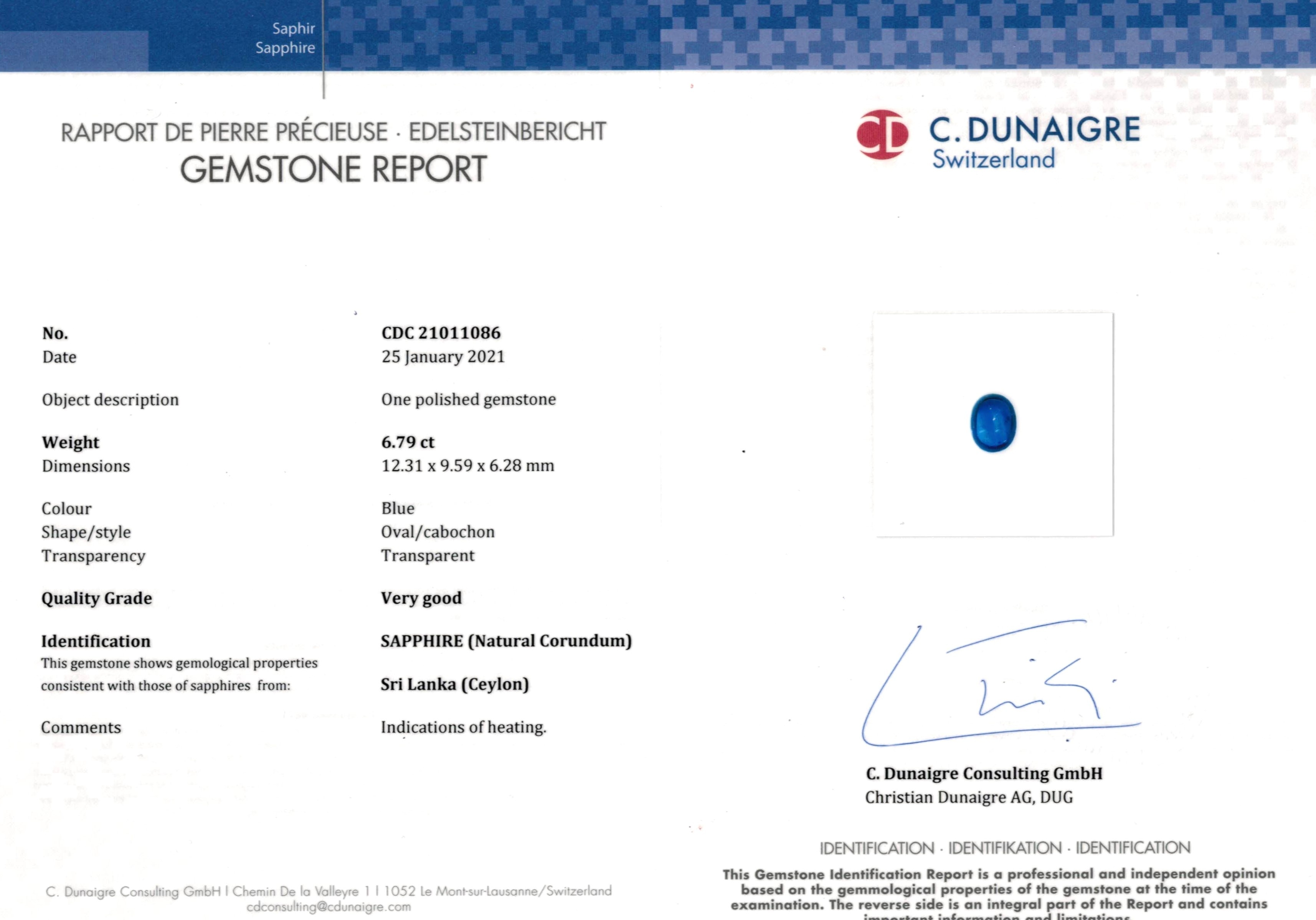 6.79 Ct. Blue Cabochon Sapphire from Ceylon (Sri Lanka)