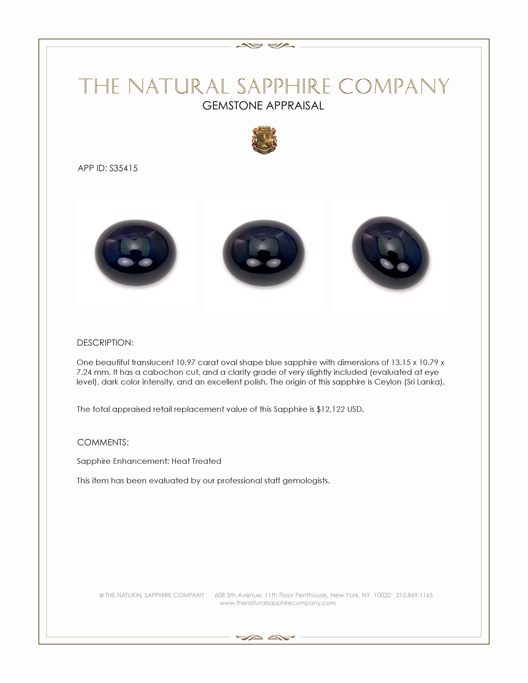 10.97 Ct. Blue Cabochon Sapphire from Ceylon (Sri Lanka)