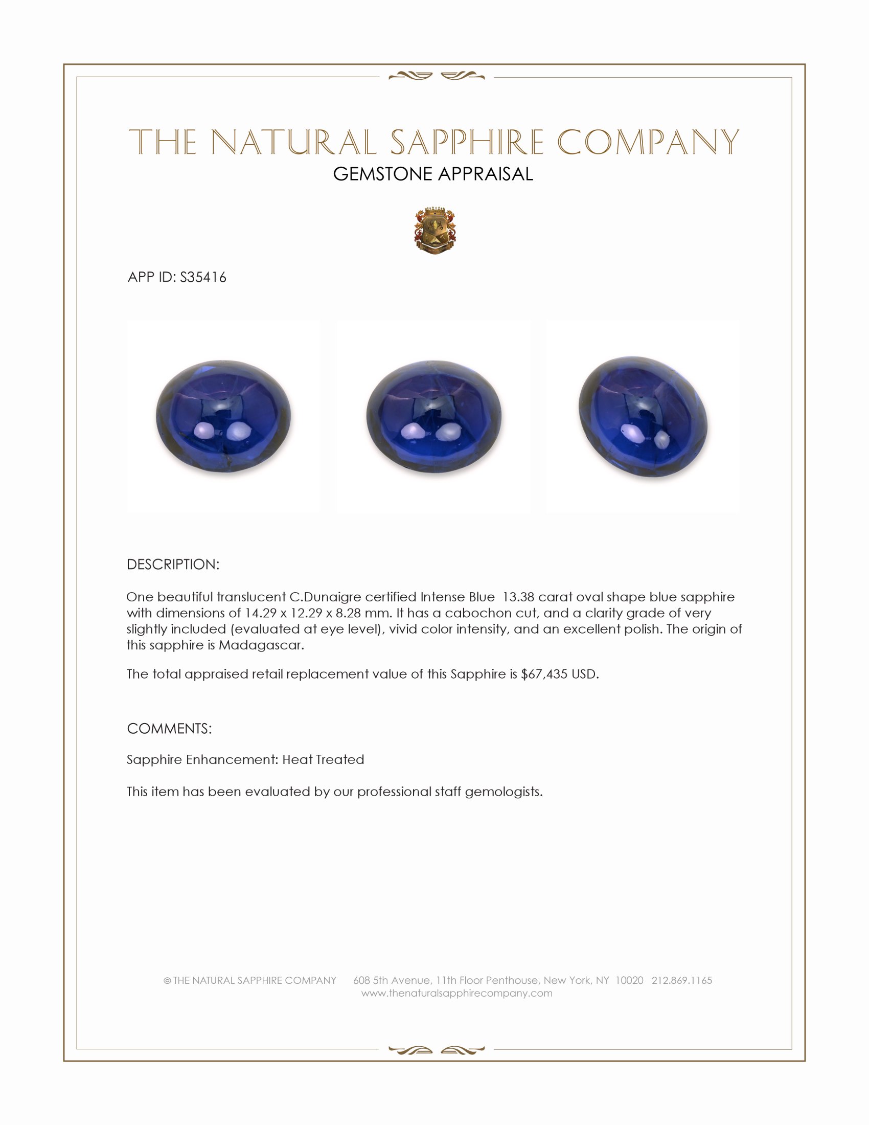 13.38 Ct. Blue Cabochon Sapphire from Ceylon (Sri Lanka)