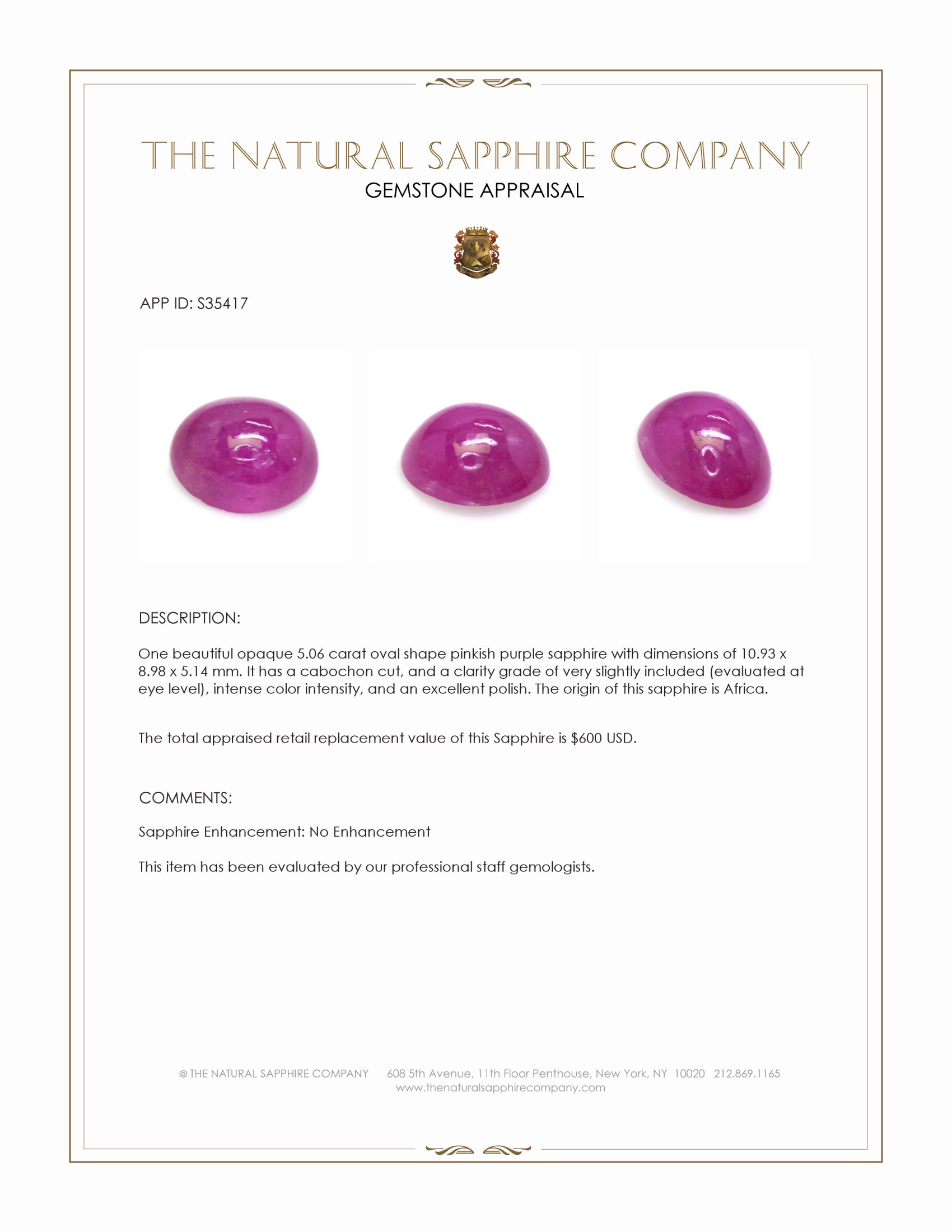 5.06 Ct. Pinkish Purple Cabochon Sapphire from Africa