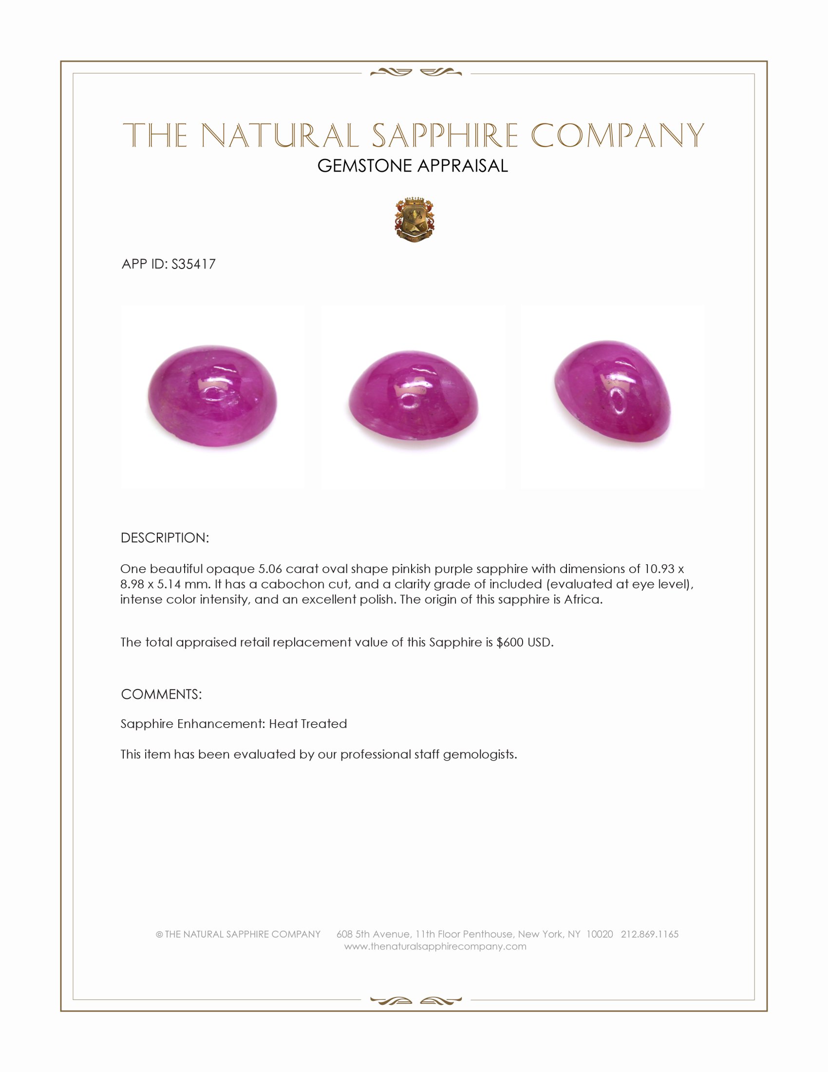 5.06 Ct. Pinkish Purple Cabochon Sapphire from Africa