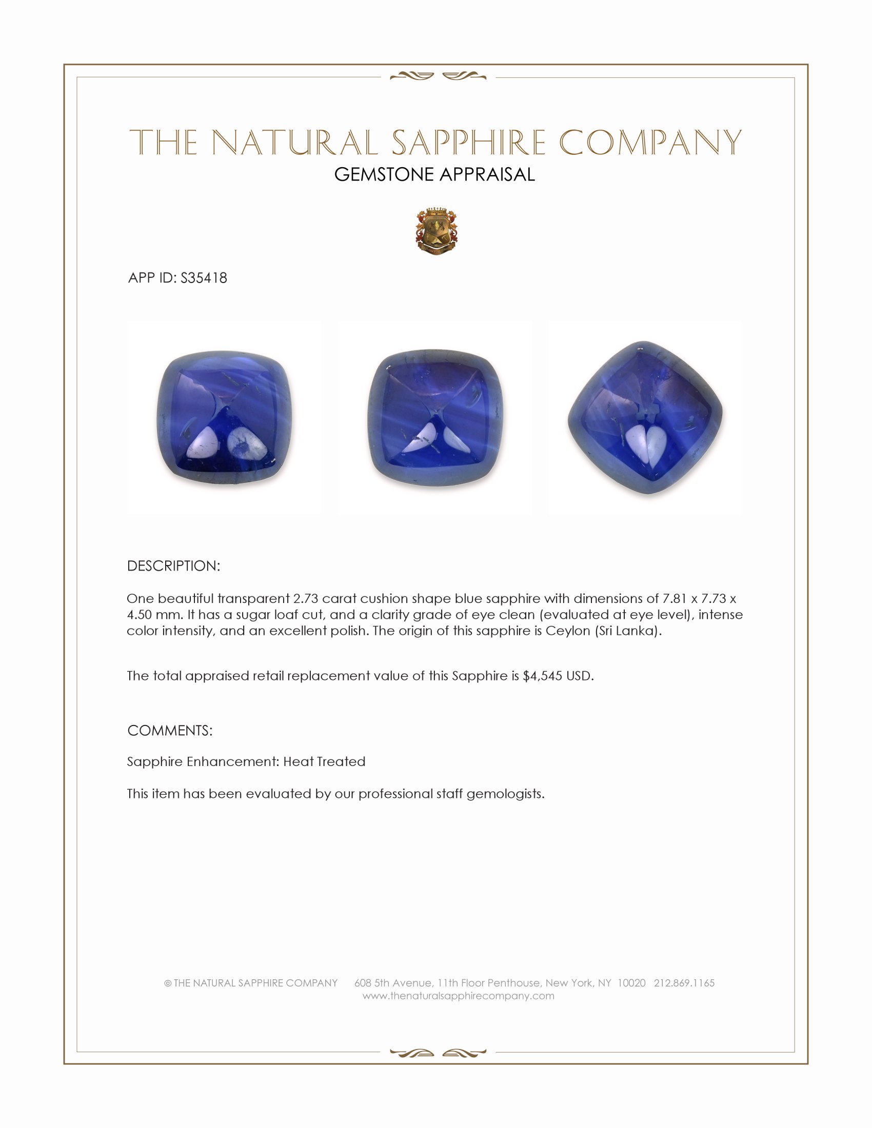 2.73 Ct. Blue Cabochon Sapphire from Ceylon (Sri Lanka)