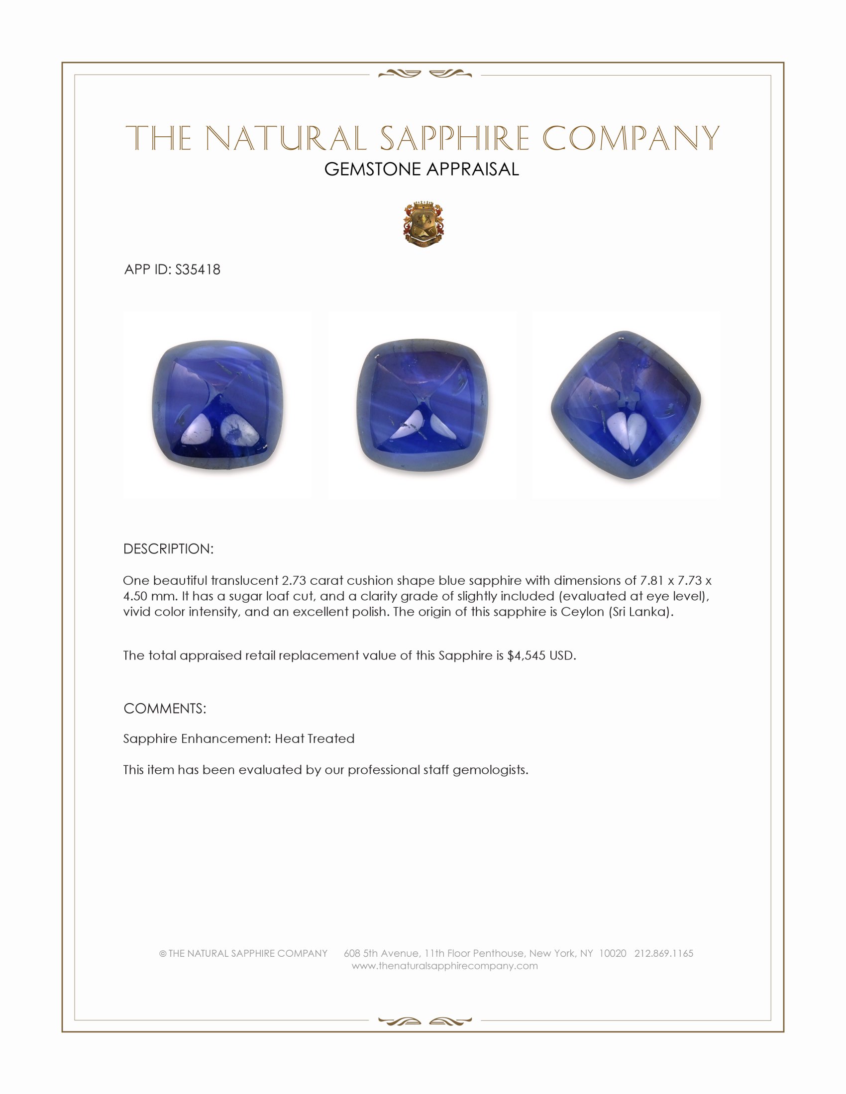 2.73 Ct. Blue Cabochon Sapphire from Ceylon (Sri Lanka)