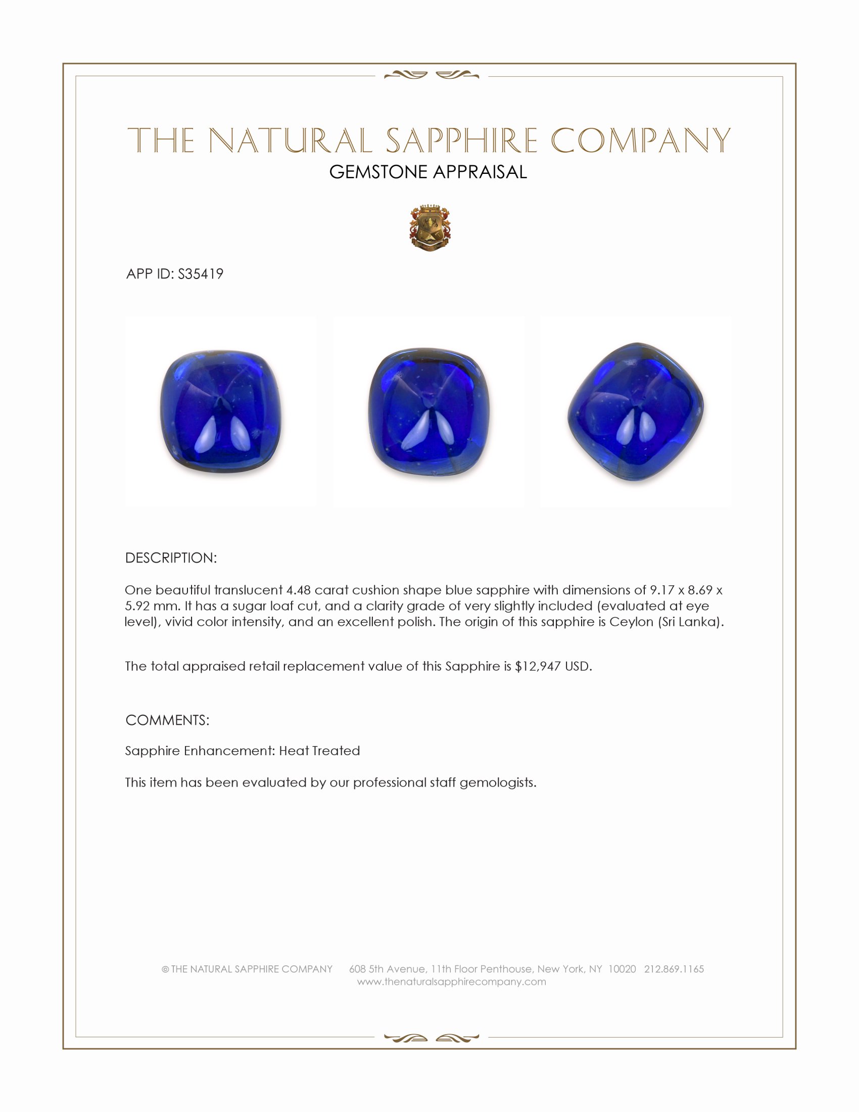 4.48 Ct. Blue Cabochon Sapphire from Ceylon (Sri Lanka)