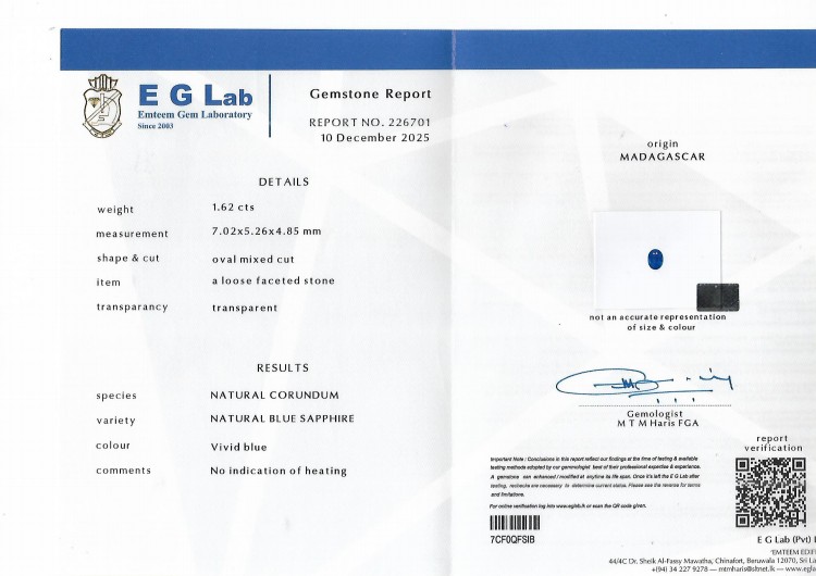 1.62 Ct. Blue Sapphire from Madagascar