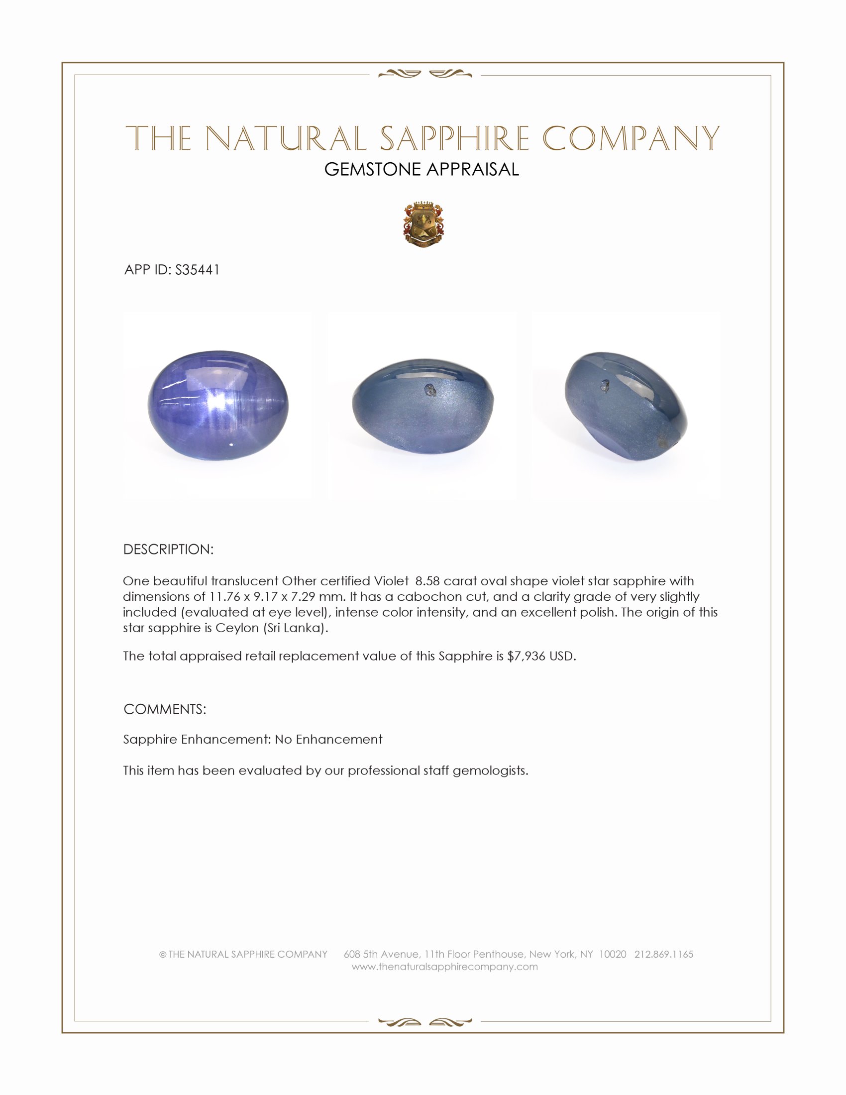 8.58 Ct. Violet Star Sapphire from Ceylon (Sri Lanka)