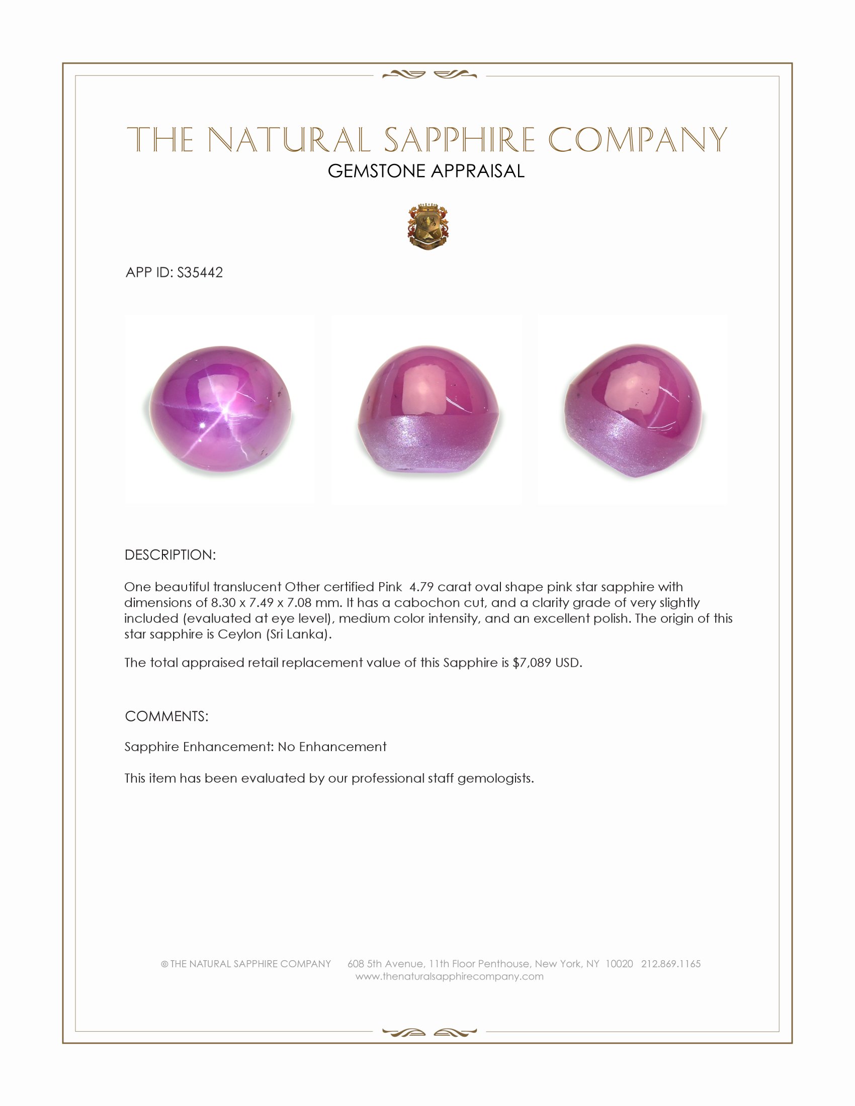 4.79 Ct. Pink Star Sapphire from Ceylon (Sri Lanka)