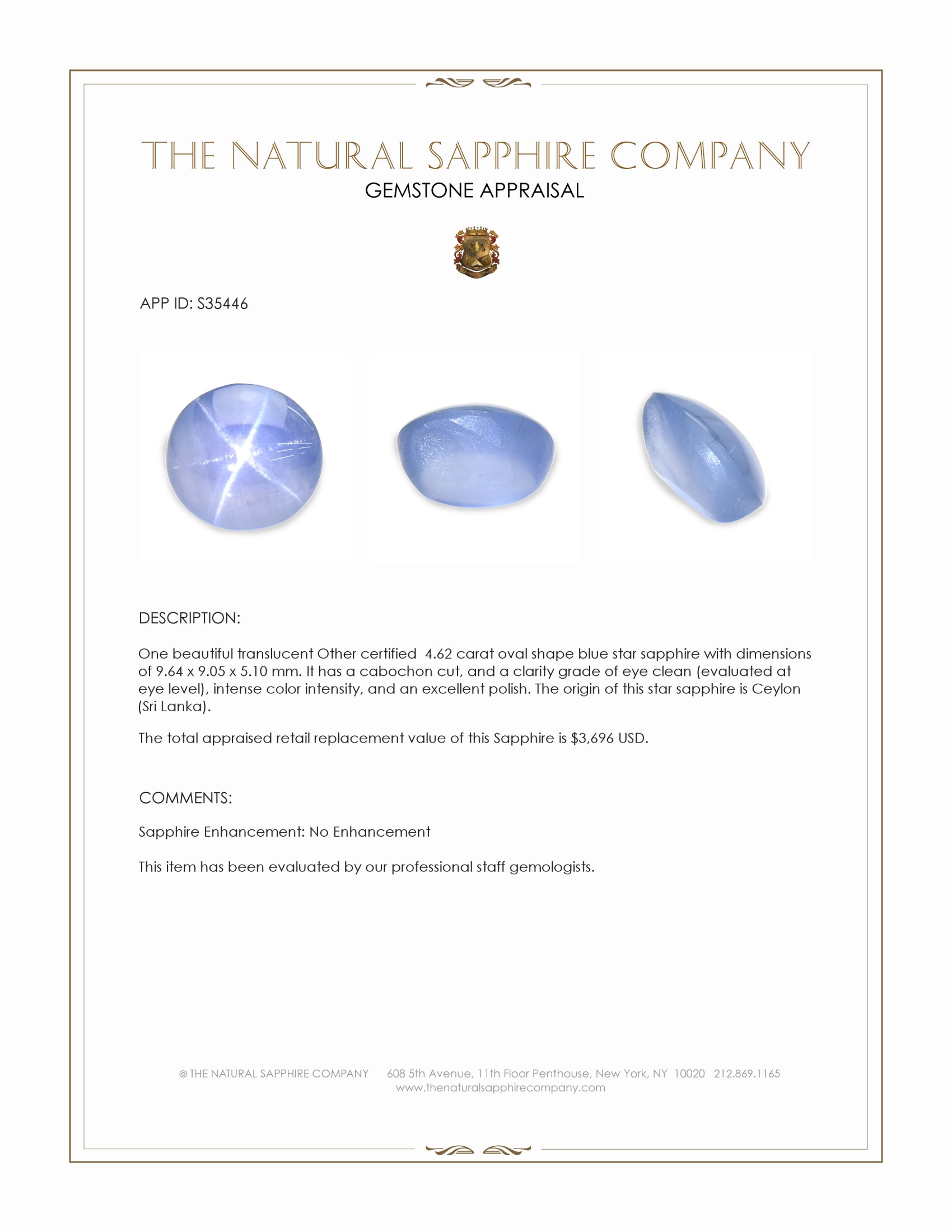 4.62 Ct. Blue Star Sapphire from Ceylon (Sri Lanka)