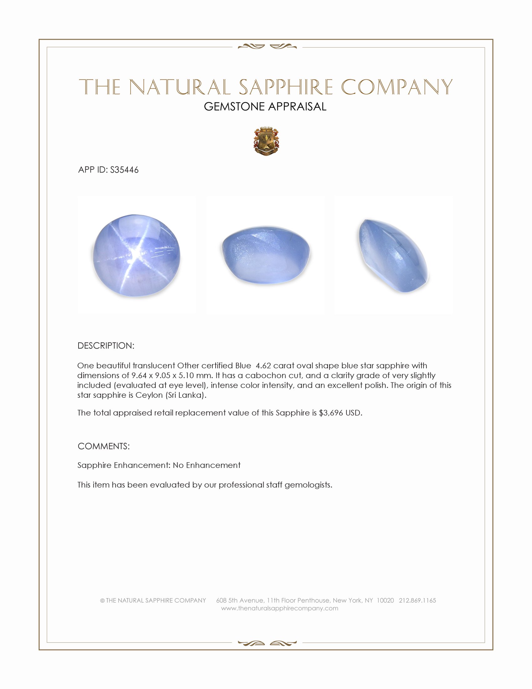 4.62 Ct. Blue Star Sapphire from Ceylon (Sri Lanka)