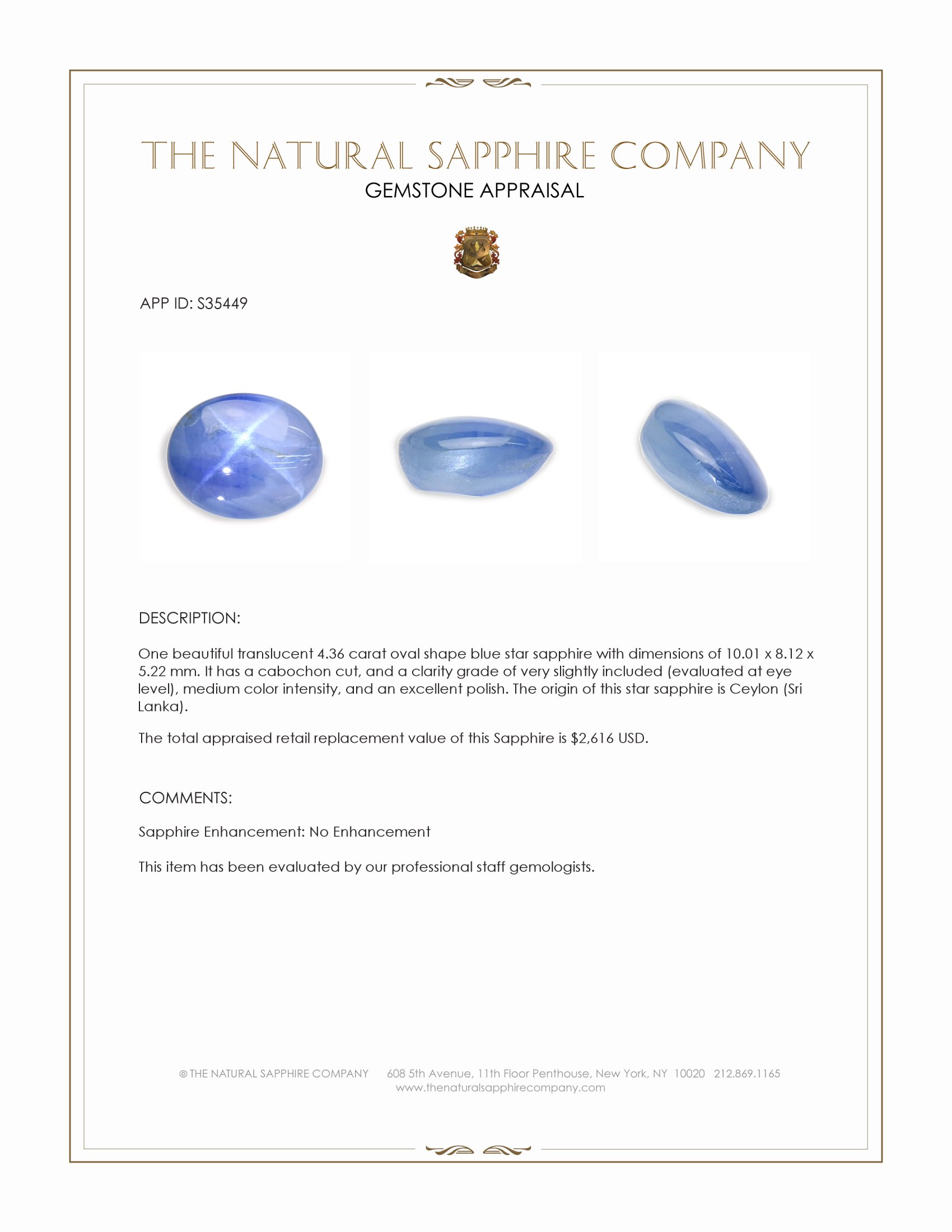 4.36 Ct. Blue Star Sapphire from Ceylon (Sri Lanka)