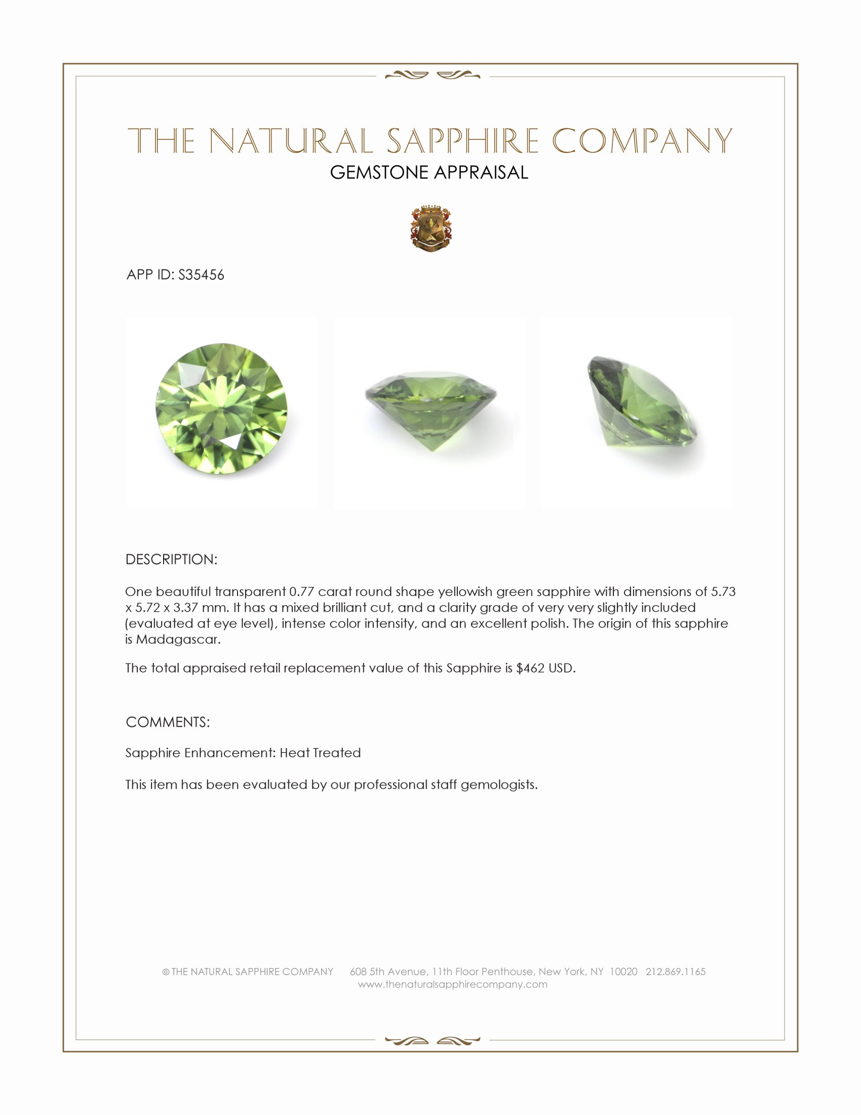 0.77 Ct. Yellowish Green Sapphire from Madagascar