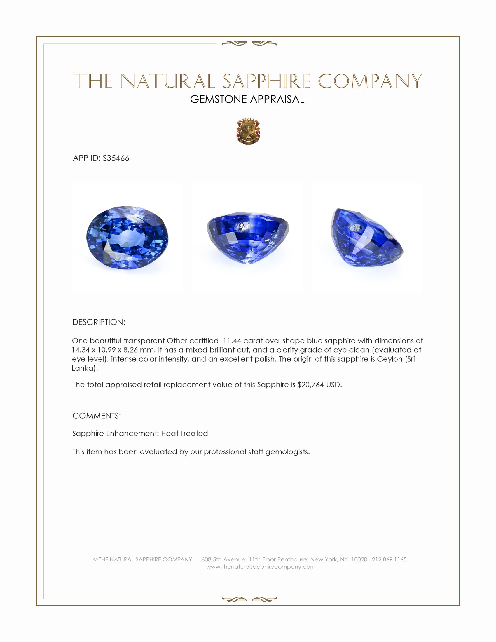 11.44 Ct. Blue Sapphire from Ceylon (Sri Lanka)