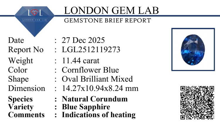 11.44 Ct. Blue Sapphire from Ceylon (Sri Lanka)