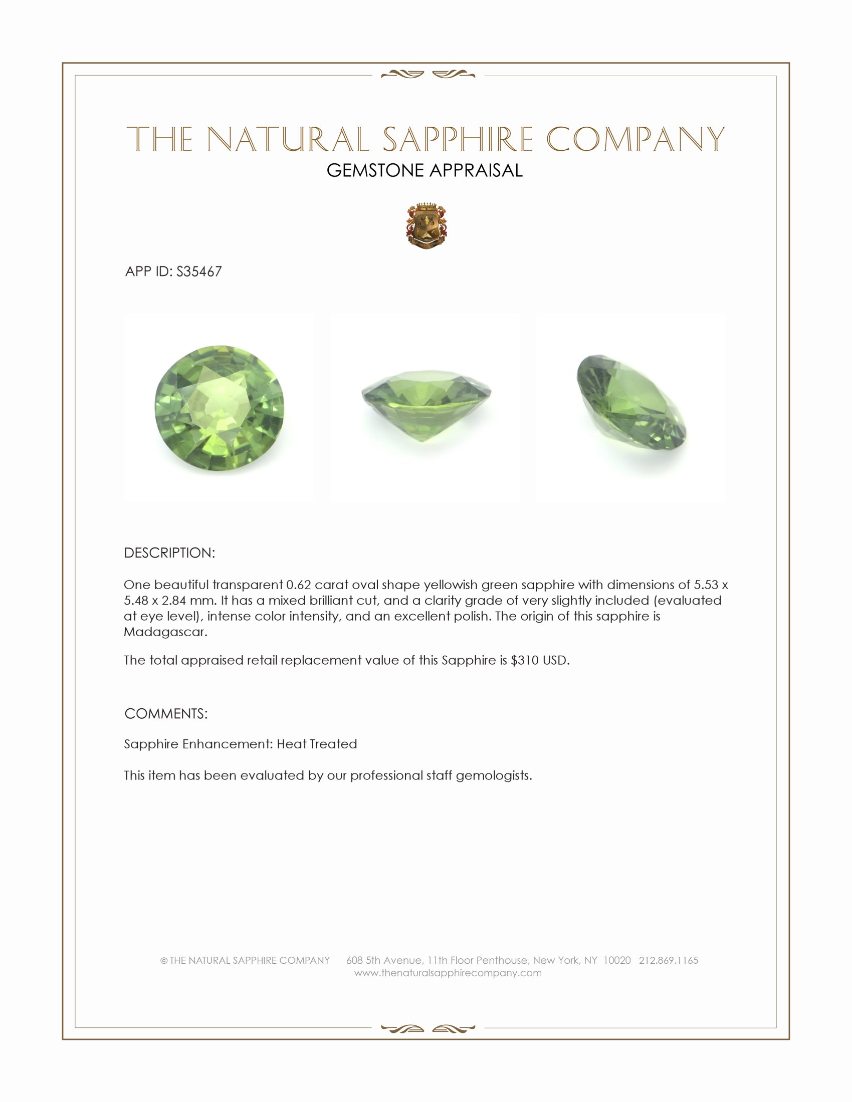 0.62 Ct. Yellowish Green Sapphire from Madagascar