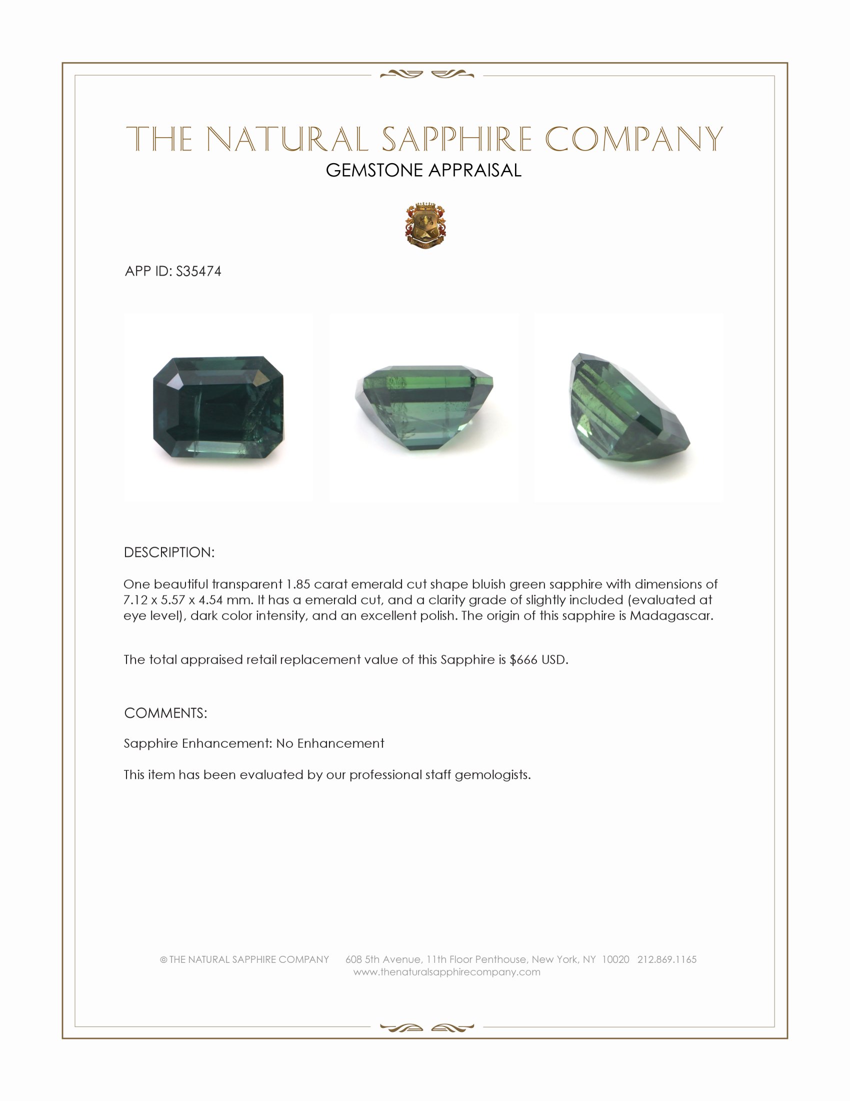 1.85 Ct. Bluish Green Sapphire from Madagascar