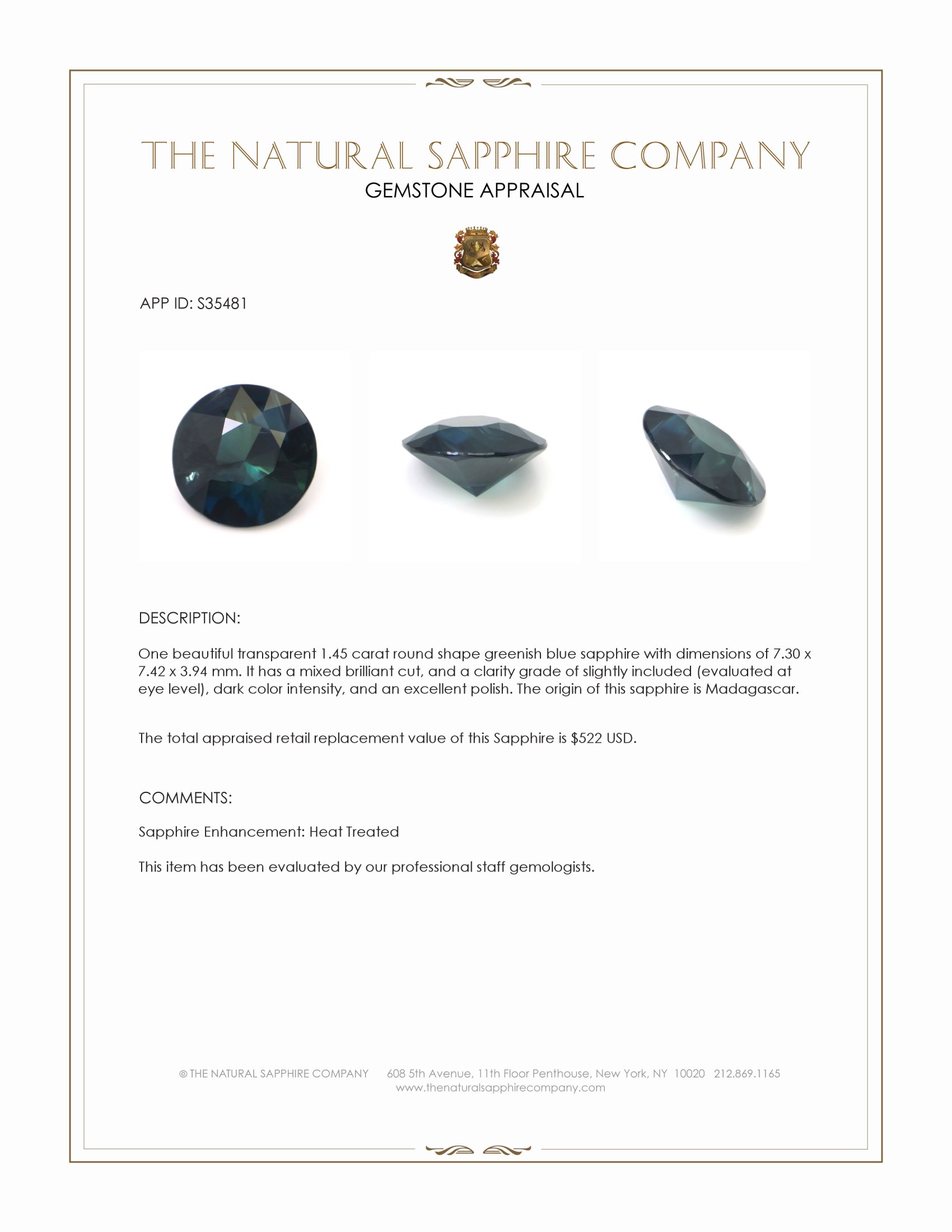 1.45 Ct. Greenish Blue Sapphire from Madagascar