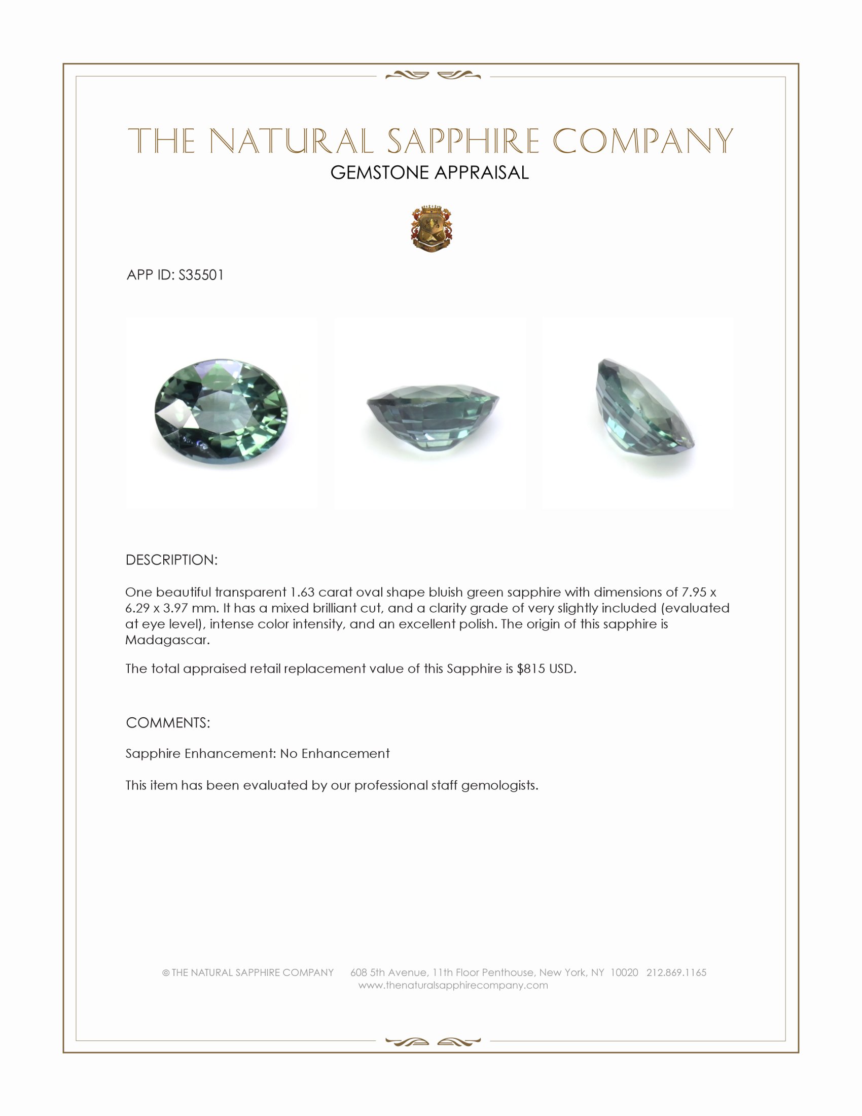 1.63 Ct. Bluish Green Sapphire from Madagascar