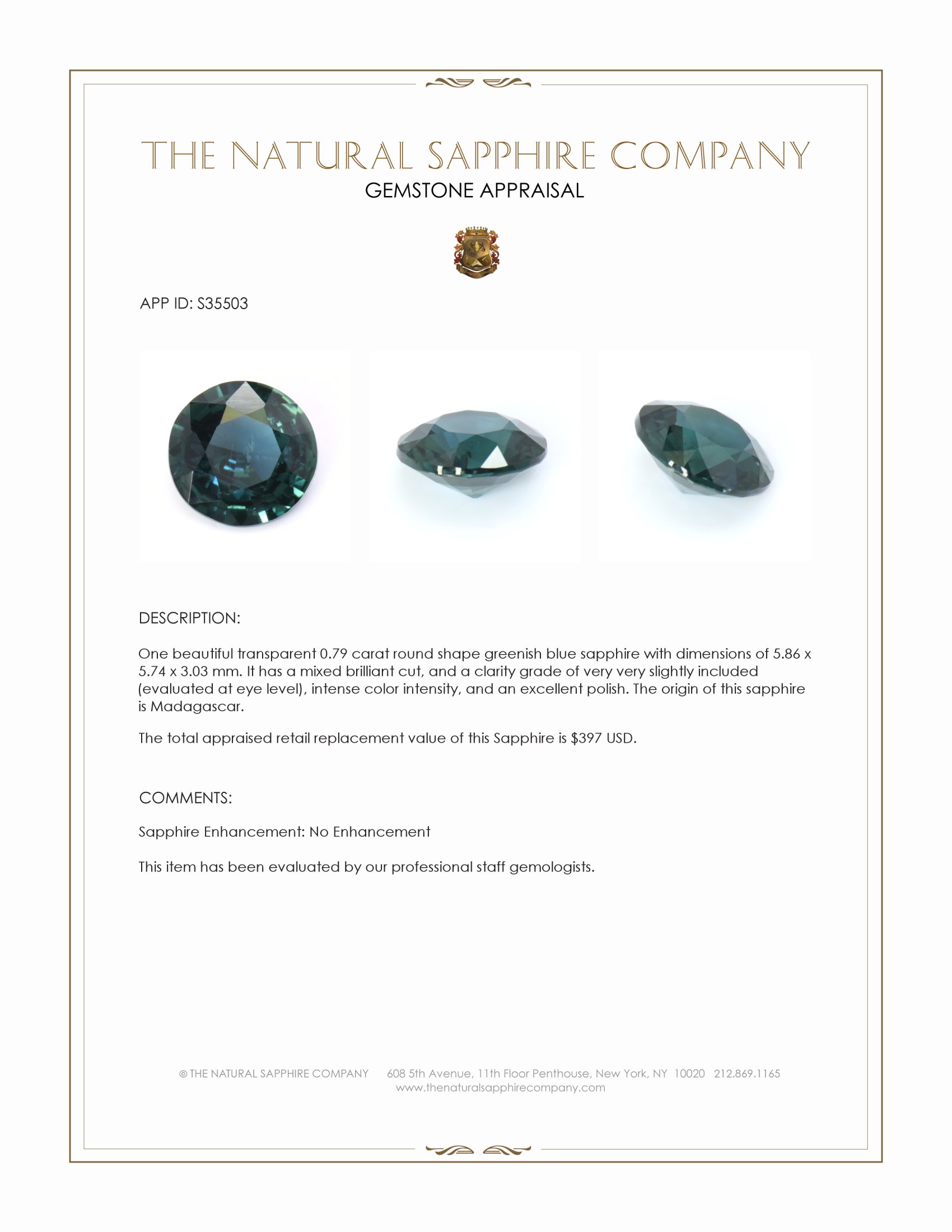0.79 Ct. Greenish Blue Sapphire from Madagascar
