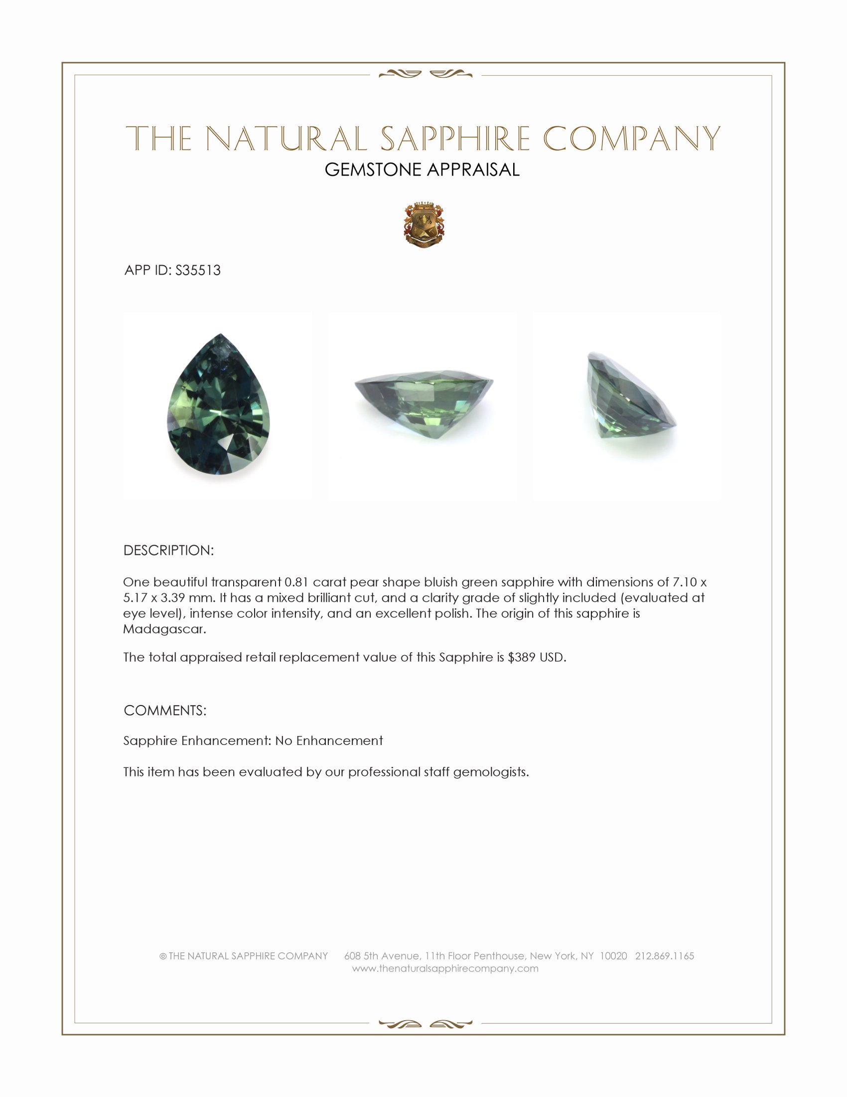 0.81 Ct. Bluish Green Sapphire from Madagascar