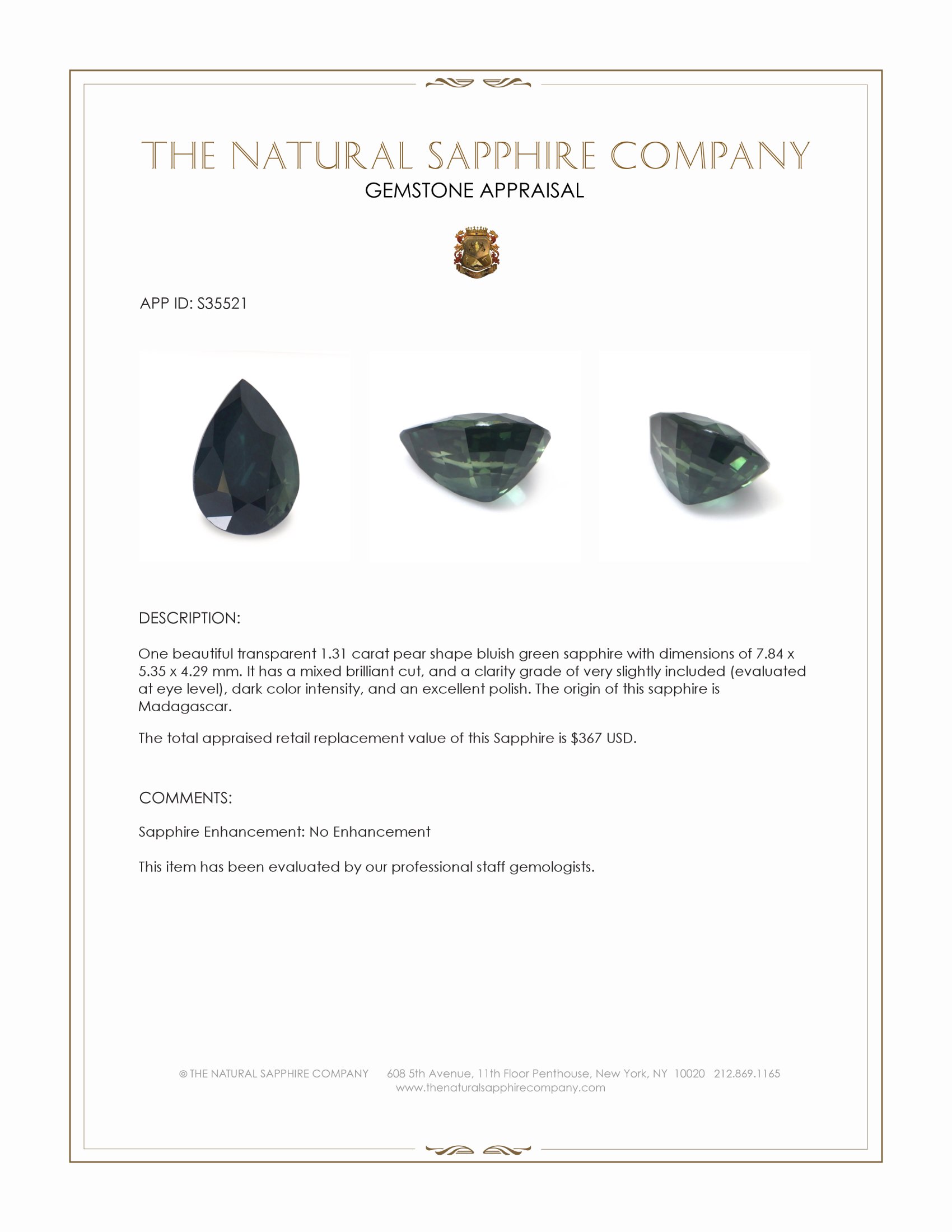 1.31 Ct. Bluish Green Sapphire from Madagascar