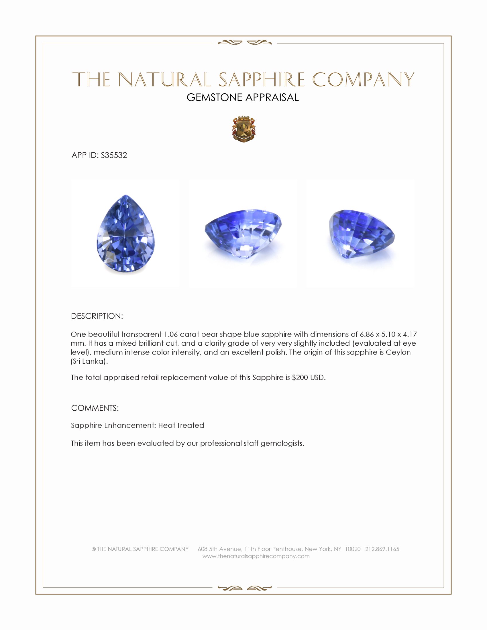 1.06 Ct. Blue Sapphire from Ceylon (Sri Lanka)