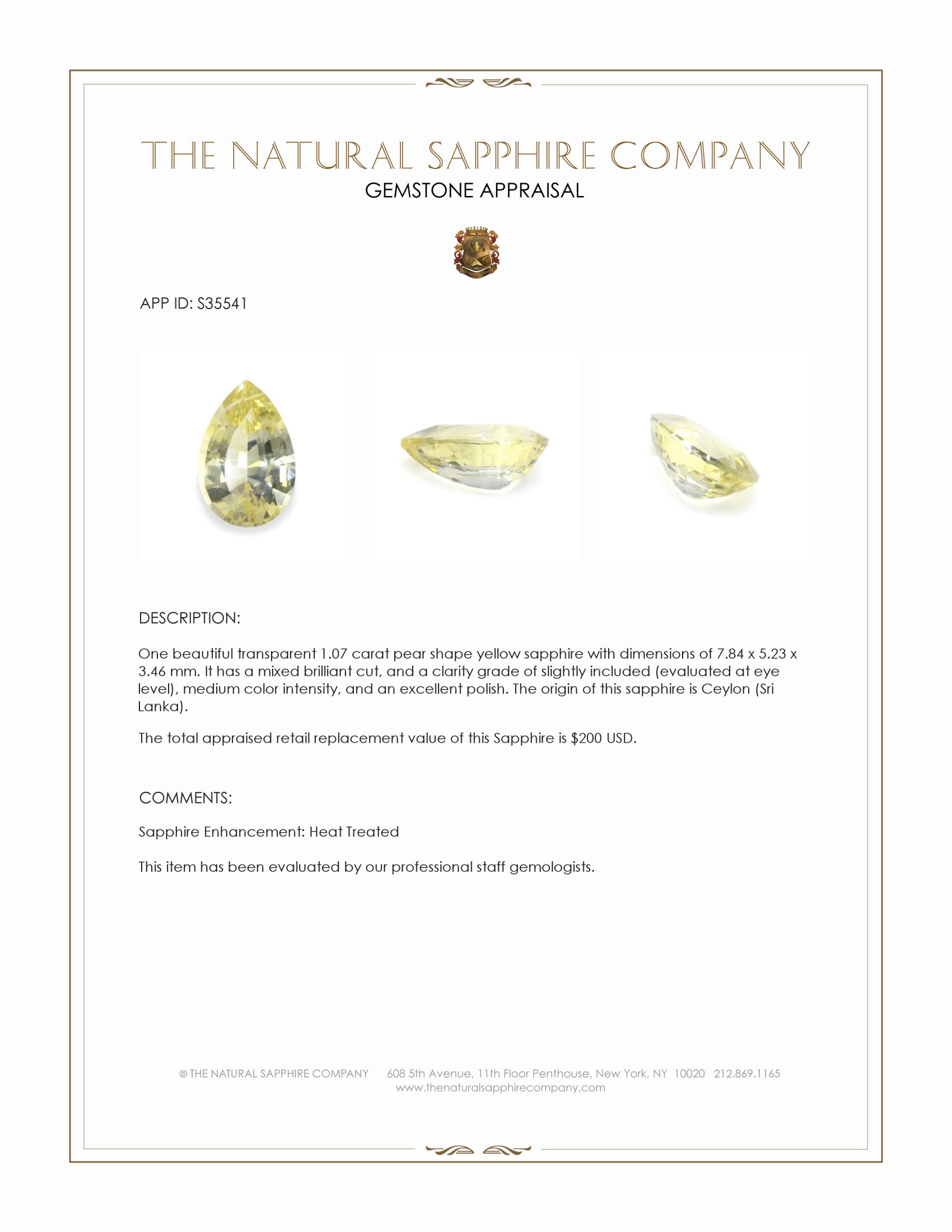 1.07 Ct. Yellow Sapphire from Ceylon (Sri Lanka)