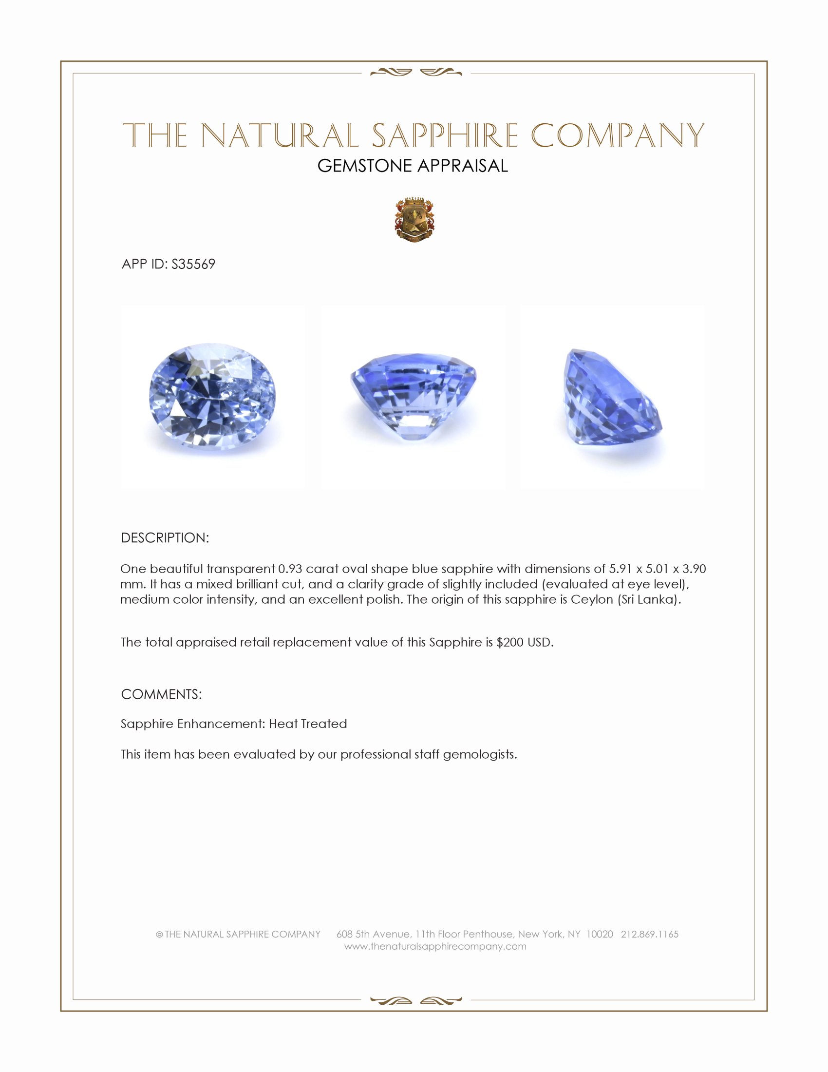 0.93 Ct. Blue Sapphire from Ceylon (Sri Lanka)