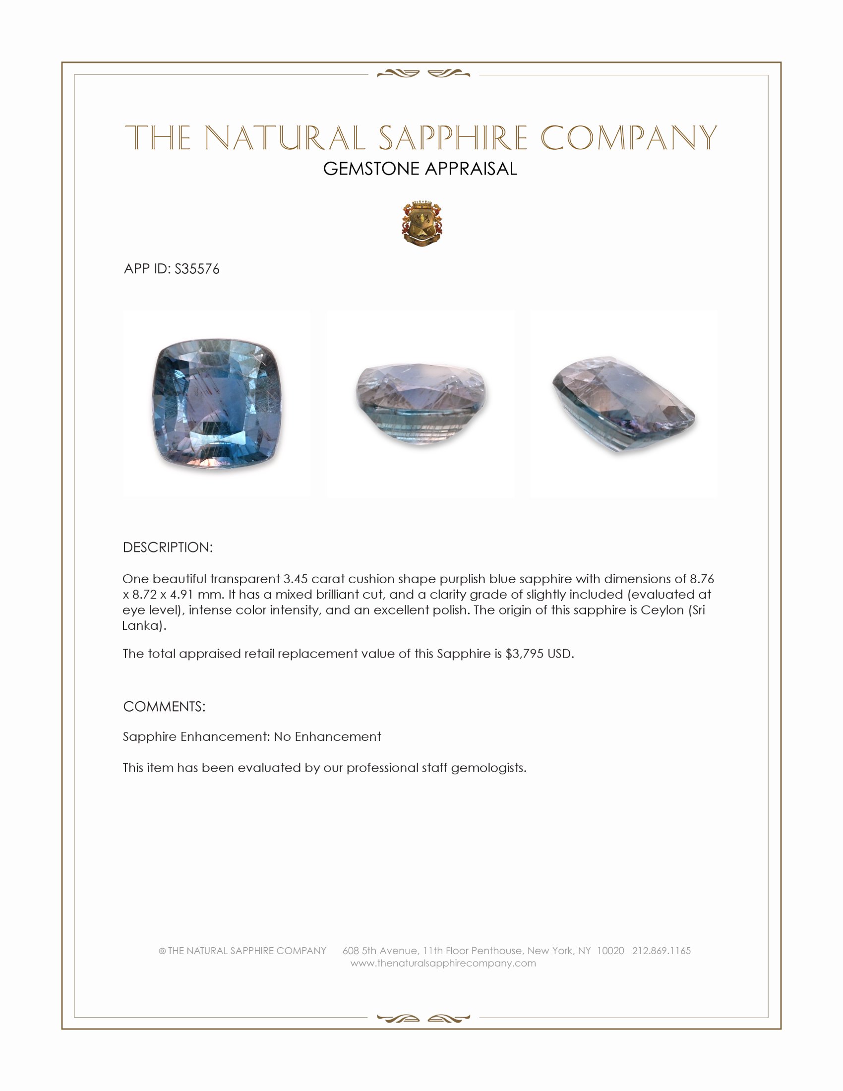 3.45 Ct. Purplish Blue Sapphire from Ceylon (Sri Lanka)