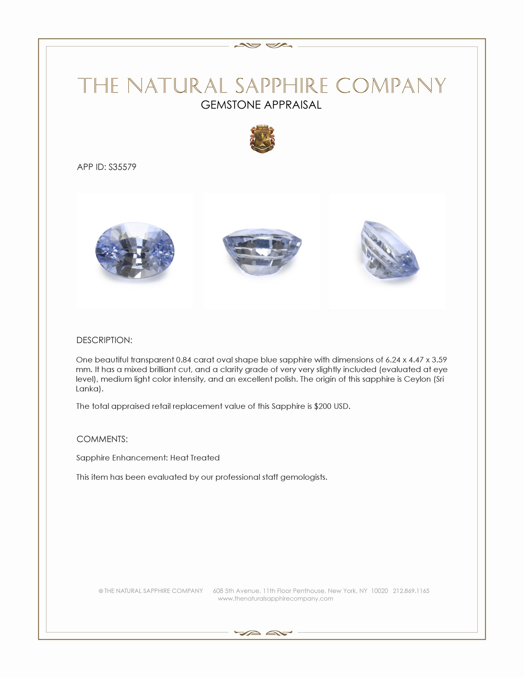 0.84 Ct. Blue Sapphire from Ceylon (Sri Lanka)