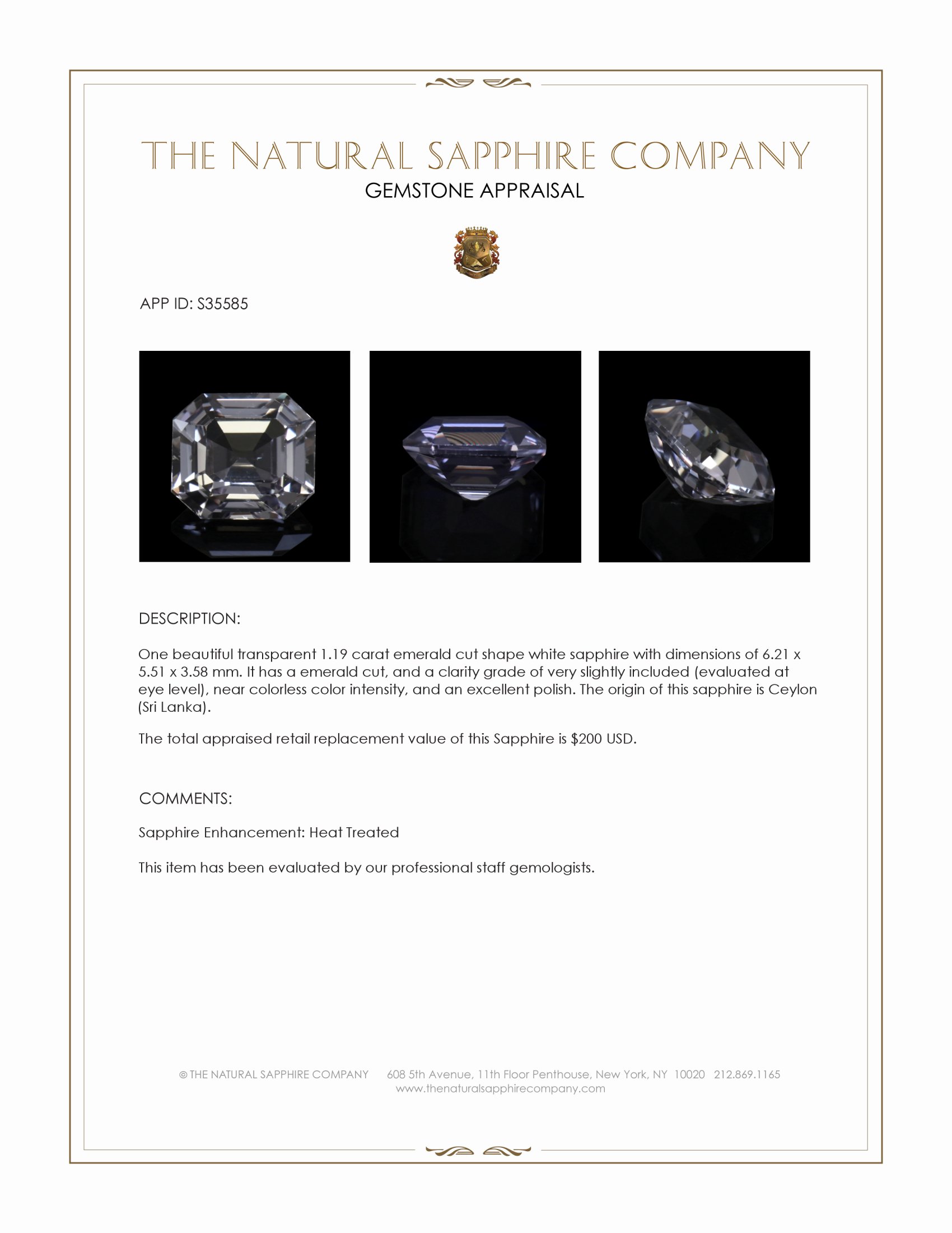 1.19 Ct. White Sapphire from Ceylon (Sri Lanka)