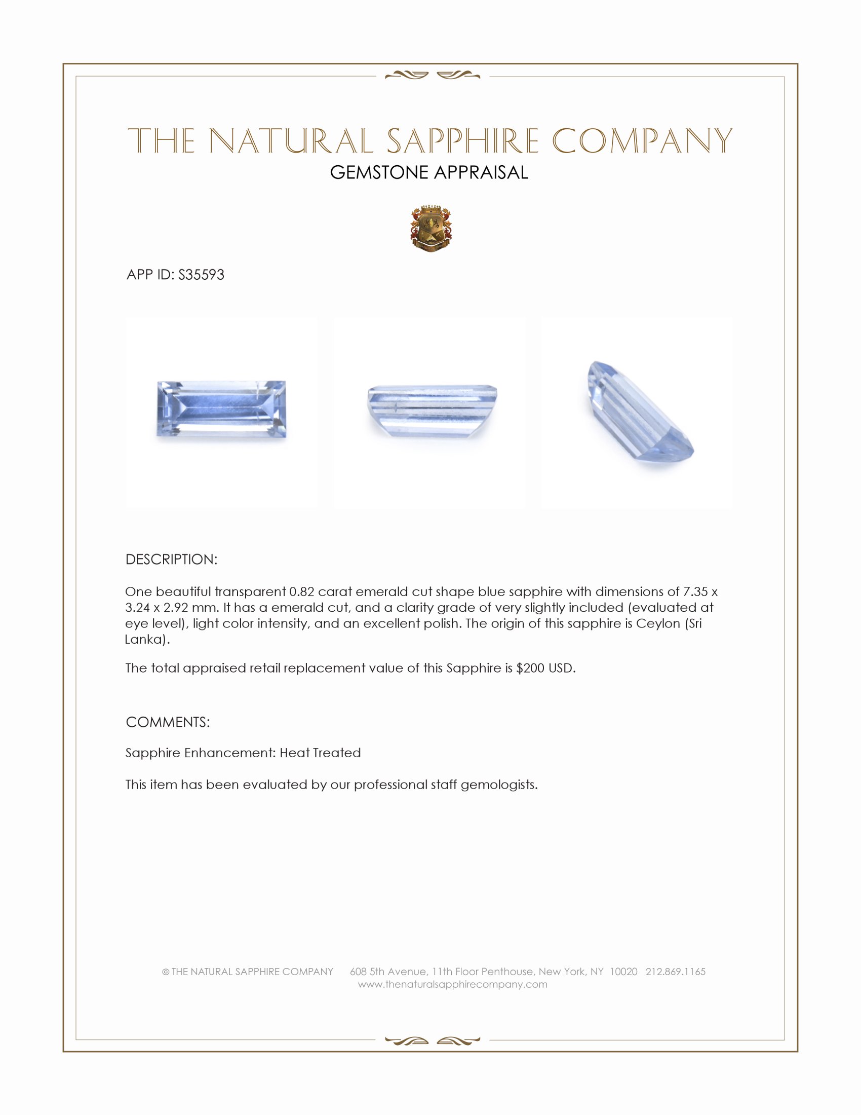 0.82 Ct. Blue Sapphire from Ceylon (Sri Lanka)