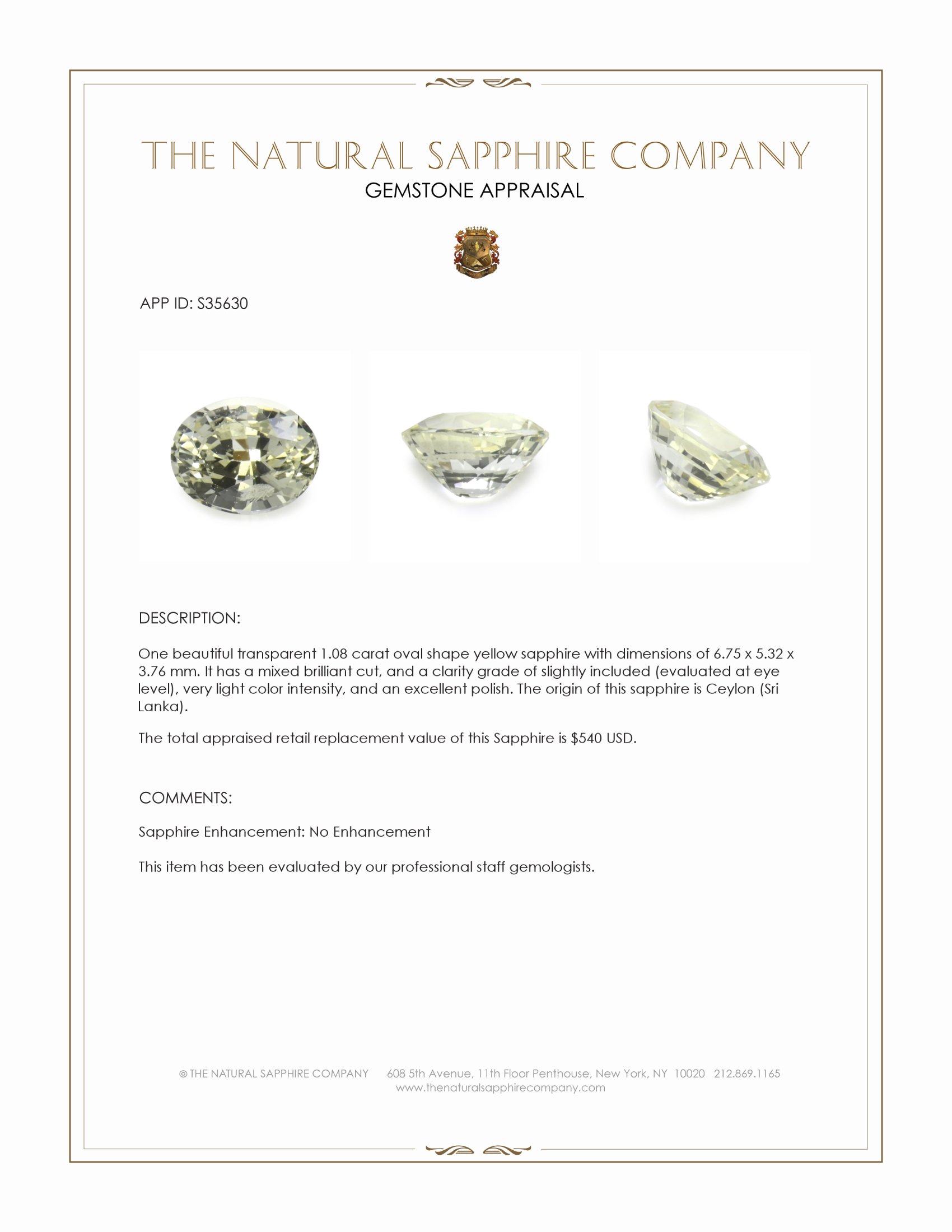 1.08 Ct. Yellow Sapphire from Ceylon (Sri Lanka)