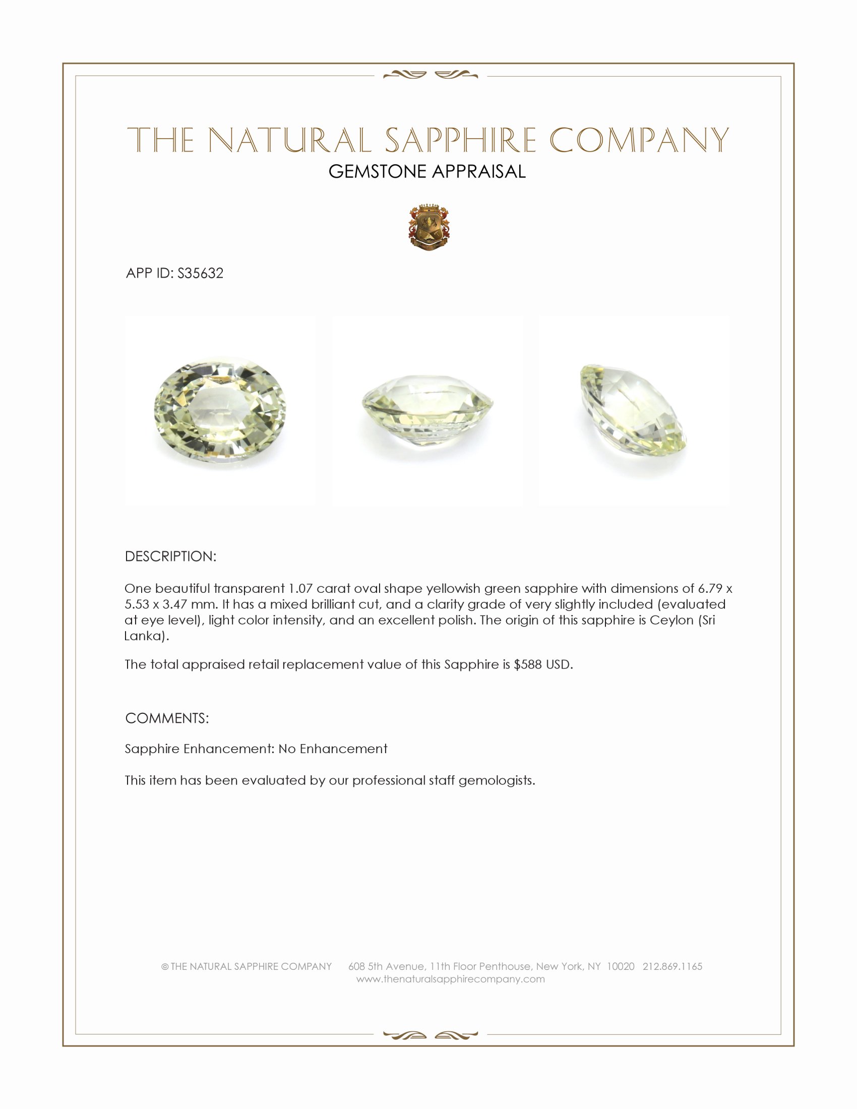 1.07 Ct. Yellowish Green Sapphire from Ceylon (Sri Lanka)
