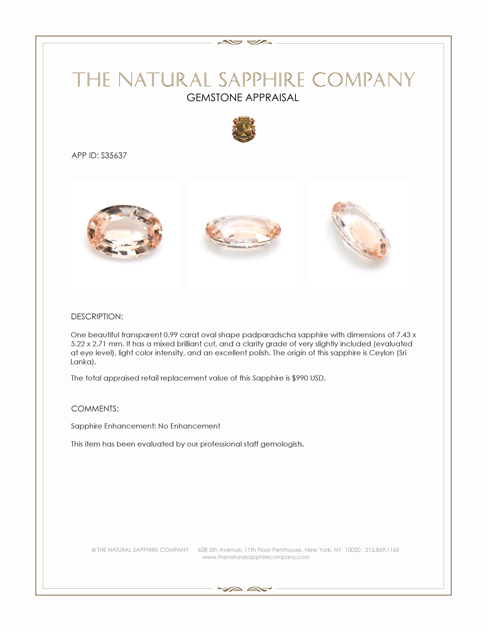 0.99 Ct. Padparadscha Sapphire from Ceylon (Sri Lanka)